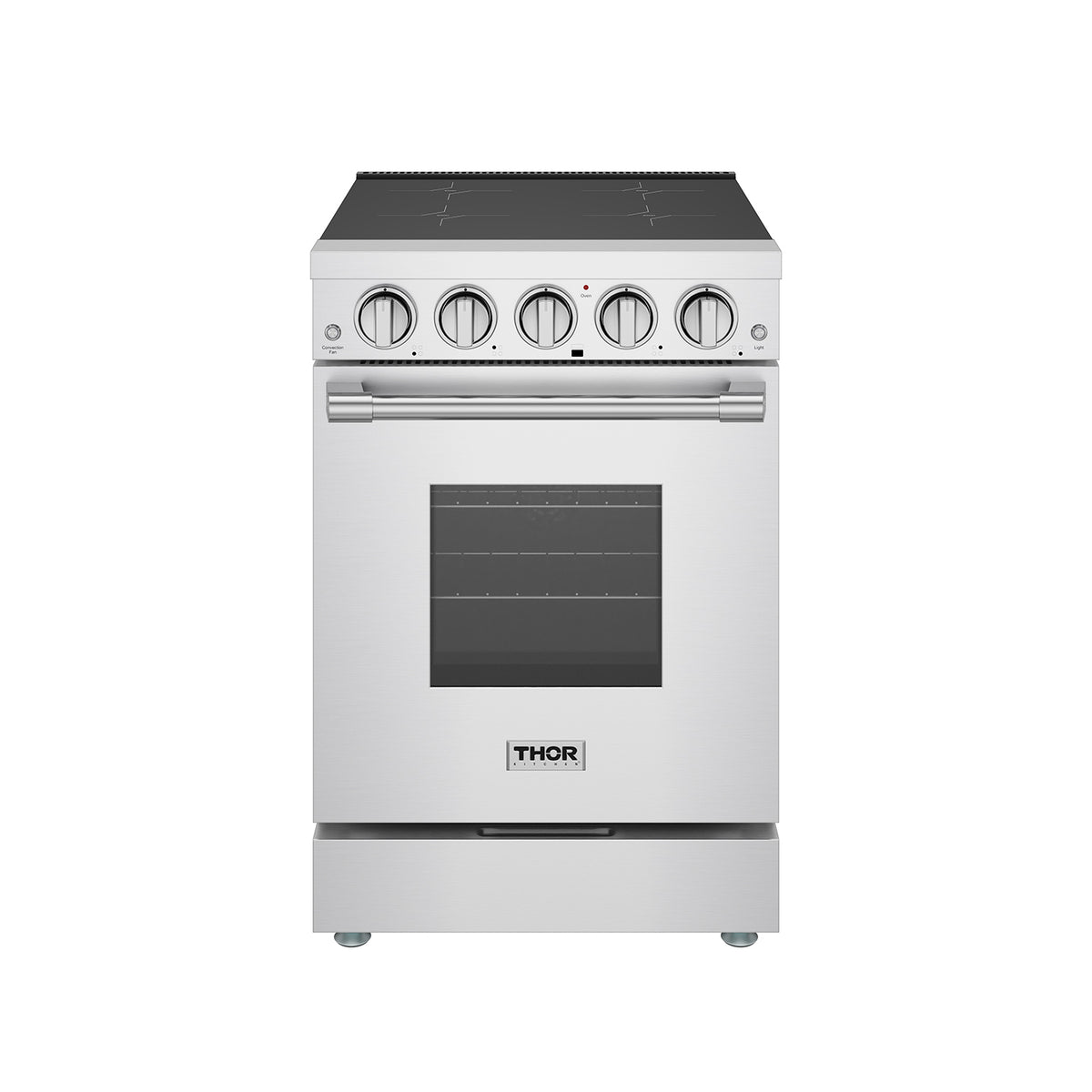 24-inch stainless steel induction range front view with oven window and metal knobs