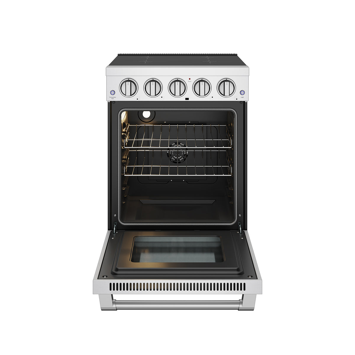 24-inch stainless steel induction range with oven door open showing two racks