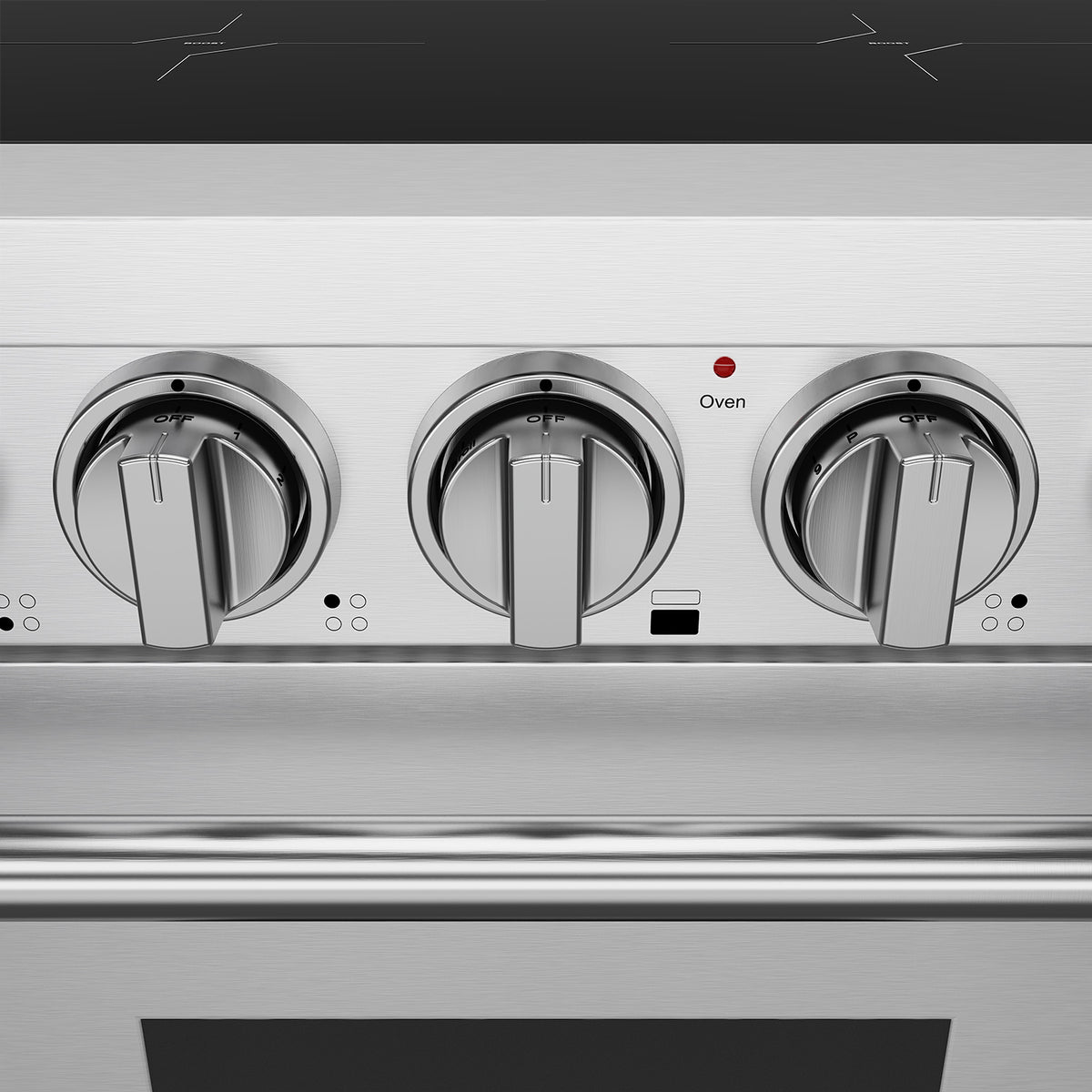 24-inch induction range heavy-duty metal control knobs close-up