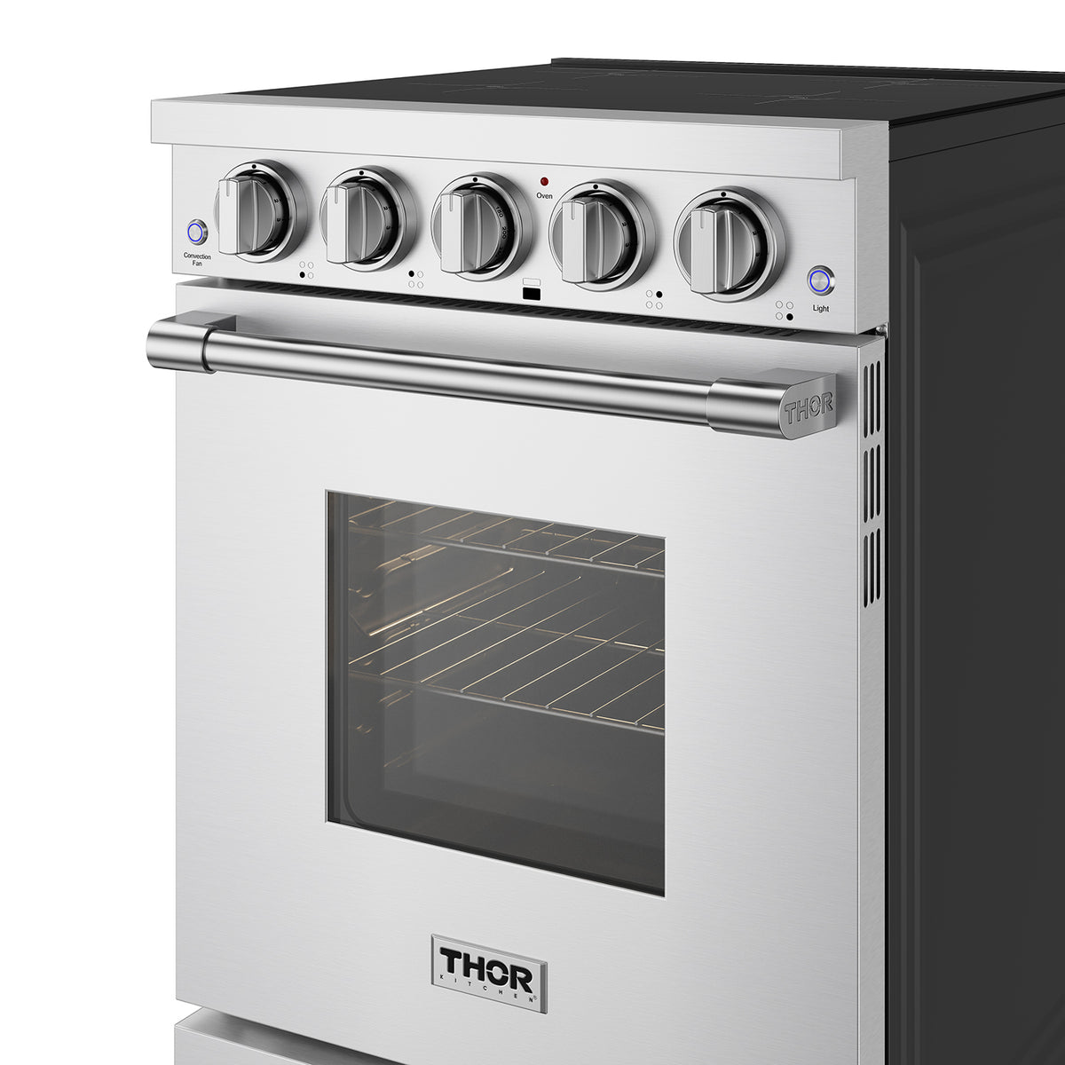24-inch stainless steel induction range control panel and lit oven interior