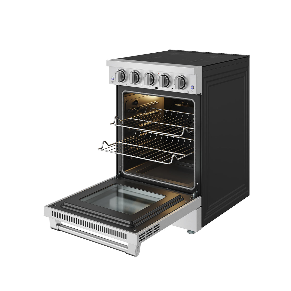 24-inch stainless steel induction range with oven rack pulled out
