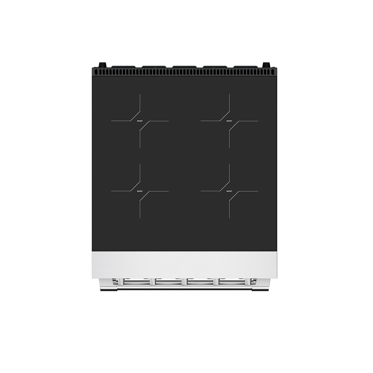 Top view of the 24-inch induction range cooktop with four induction zones on black glass