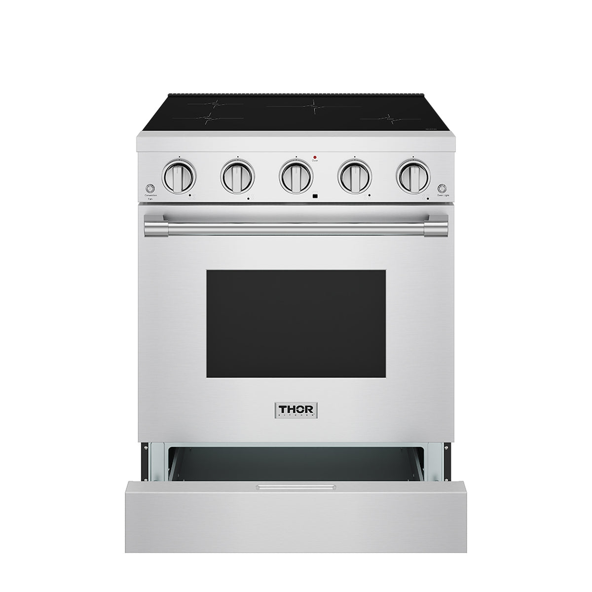 30-inch stainless steel induction range with storage drawer open