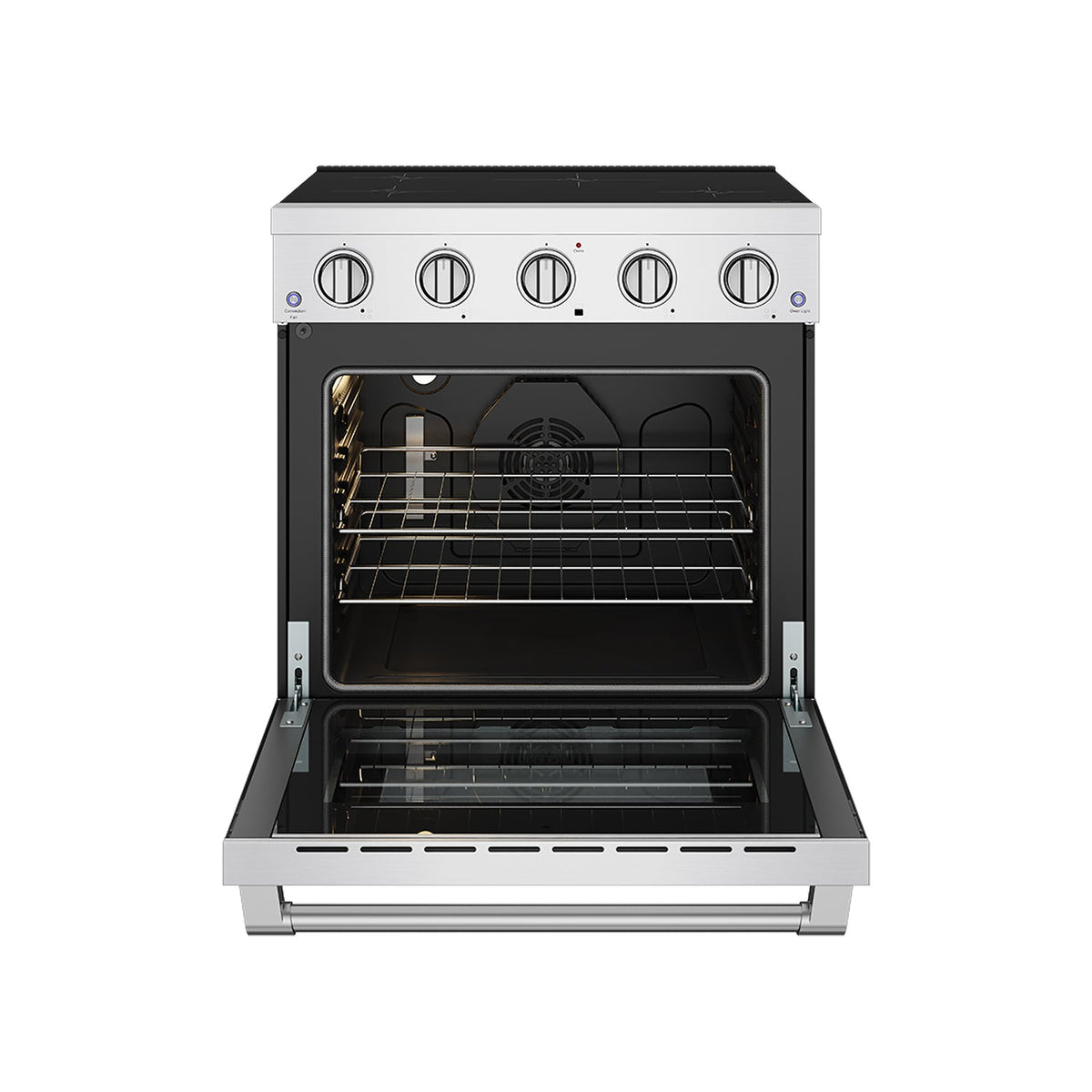 30-inch stainless steel induction range with oven door open showing two racks
