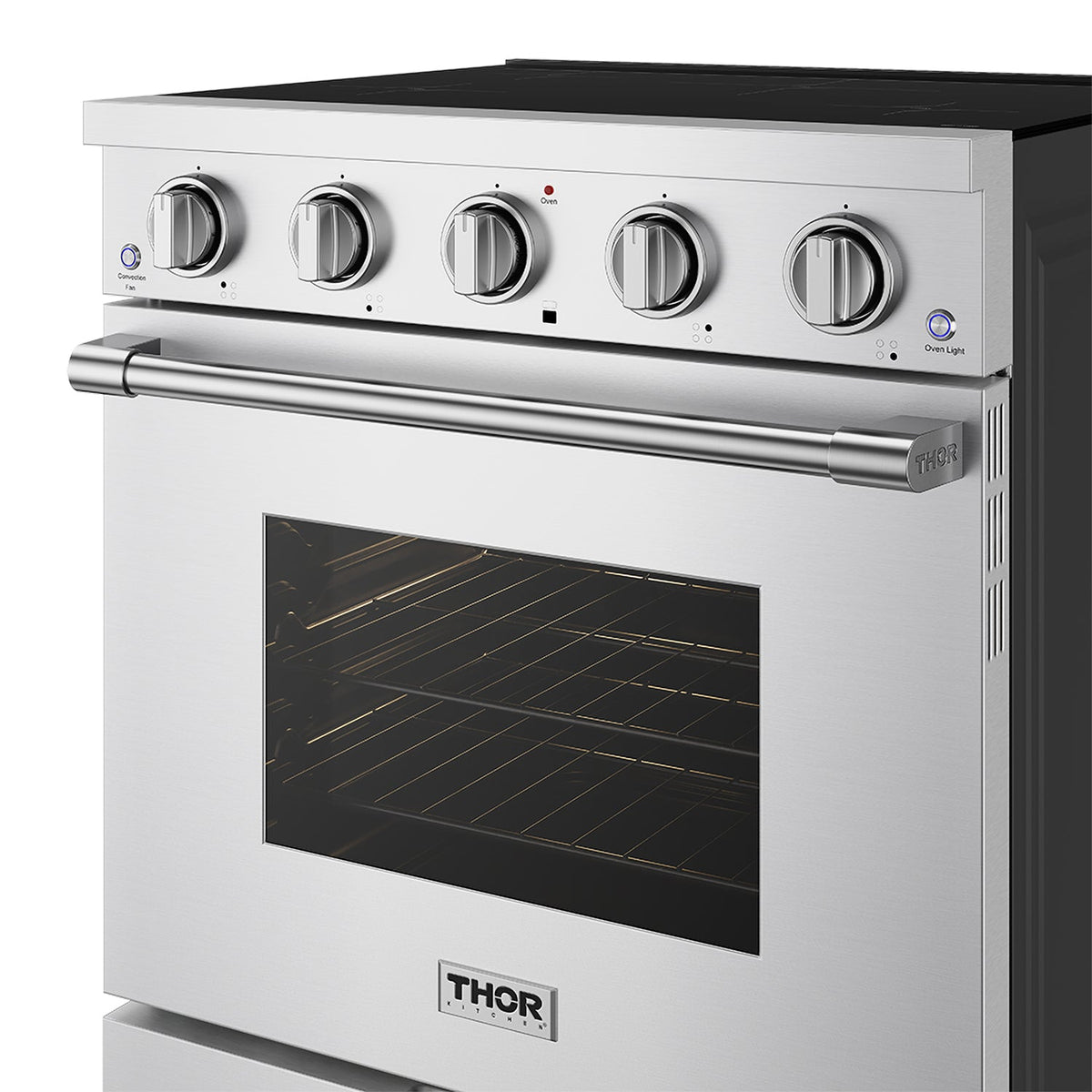 30-inch stainless steel induction range control panel and lit oven interior