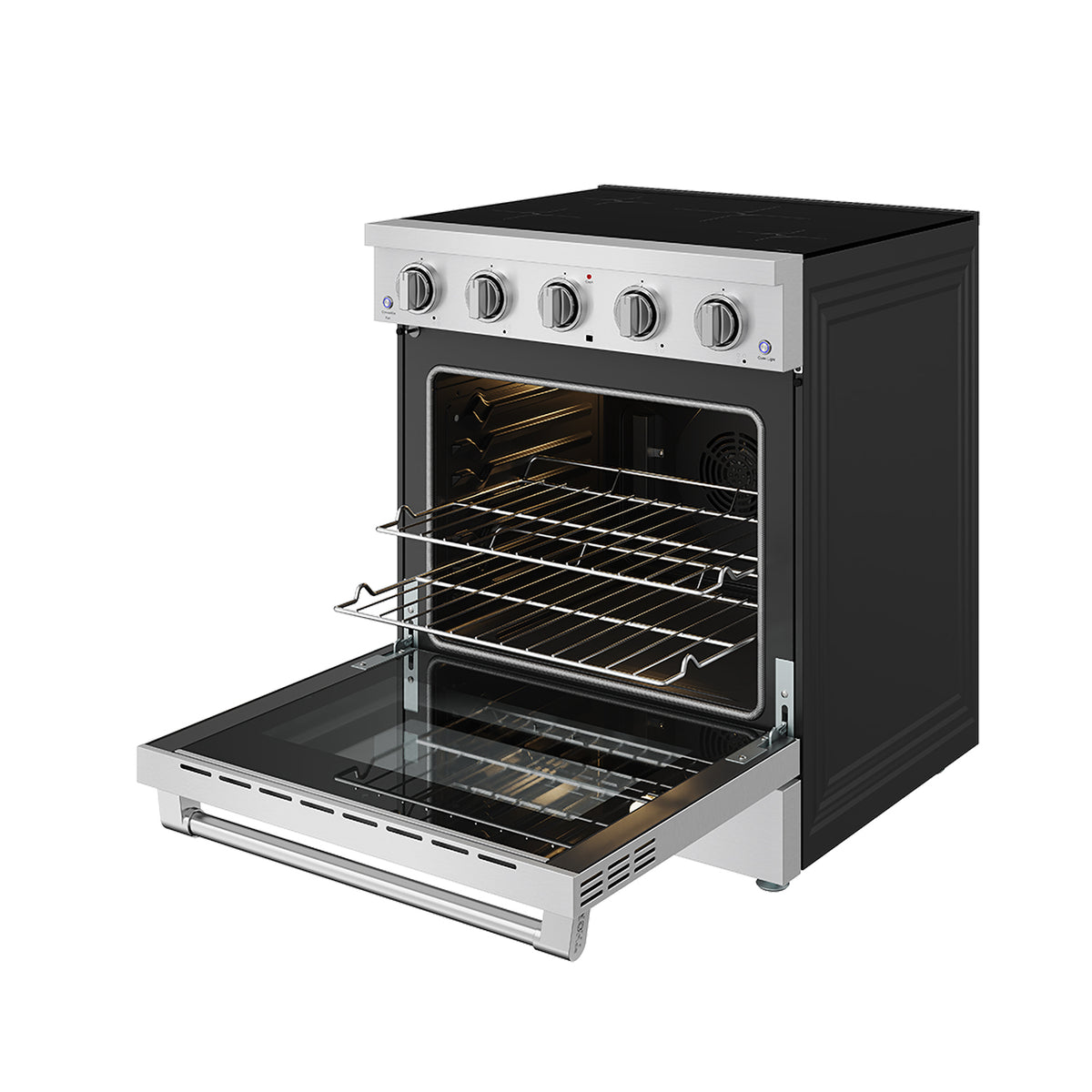 30-inch stainless steel induction range with oven rack pulled out