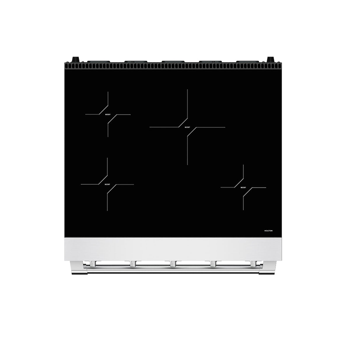 Top view of the 30-inch induction range cooktop with four induction zones on black glass