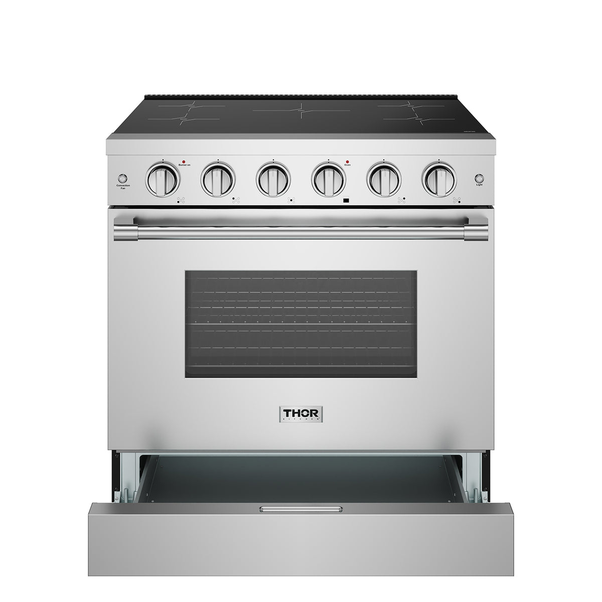 36-inch stainless steel induction range with storage drawer open
