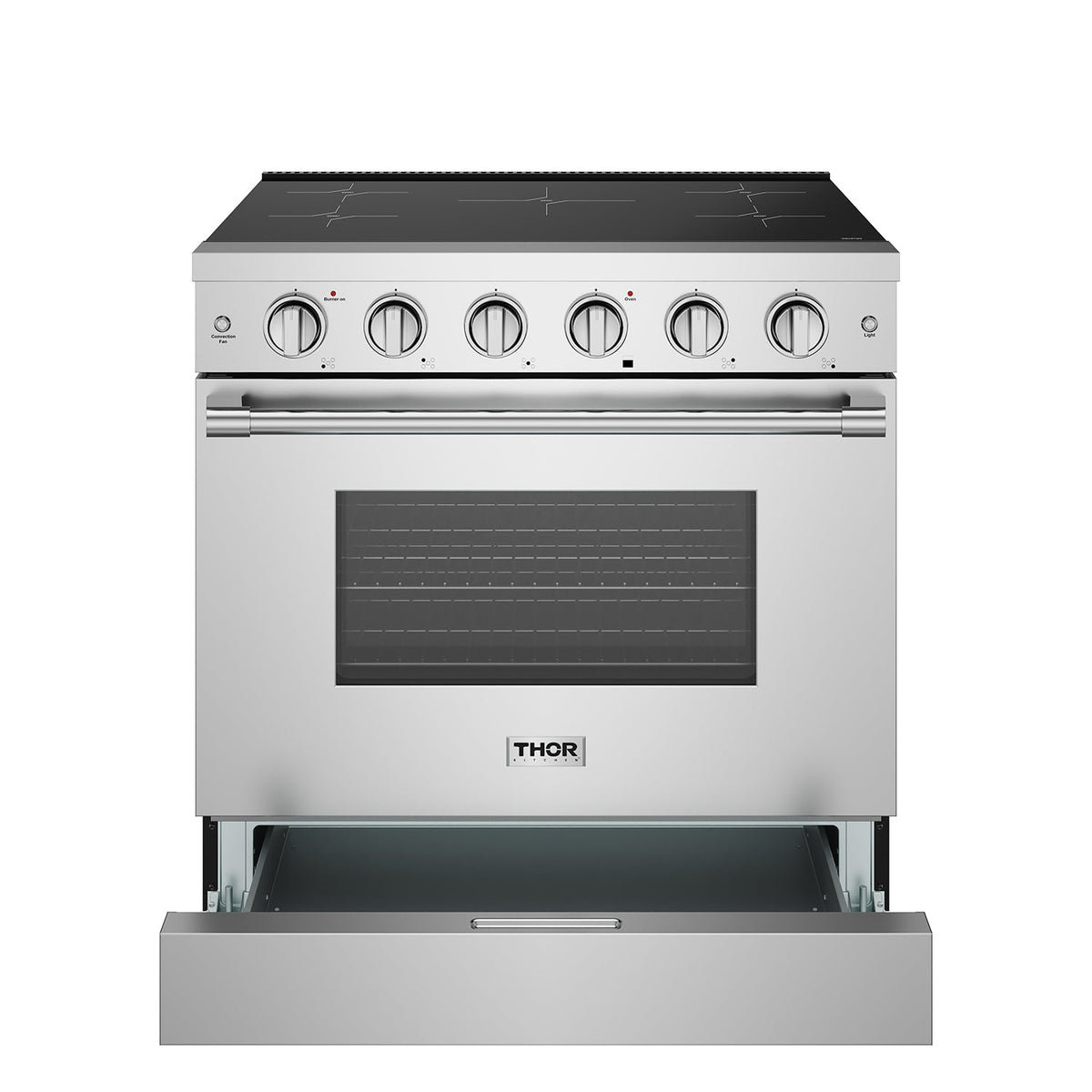 36-inch stainless steel induction range with storage drawer open