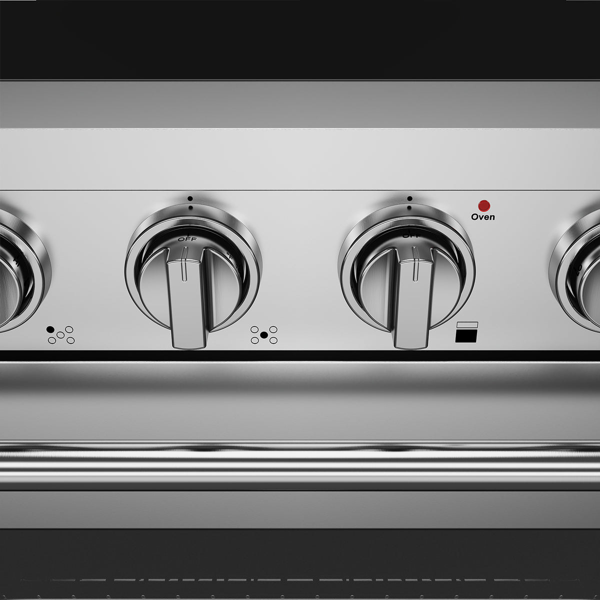 36-inch induction range heavy-duty metal control knobs close-up