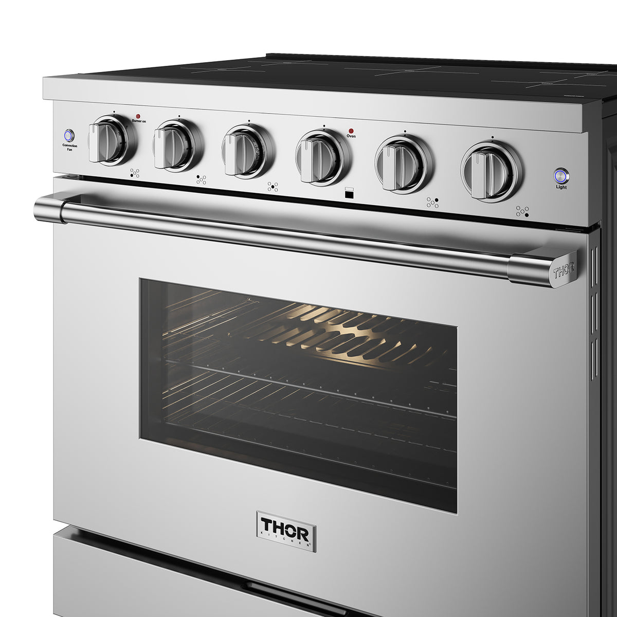 36-inch stainless steel induction range control panel and lit oven interior
