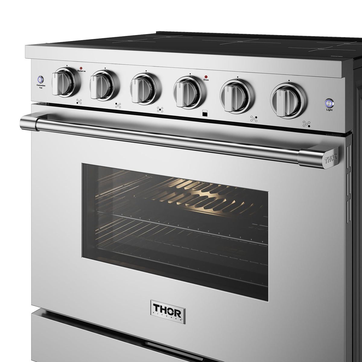 36-inch stainless steel induction range control panel and lit oven interior