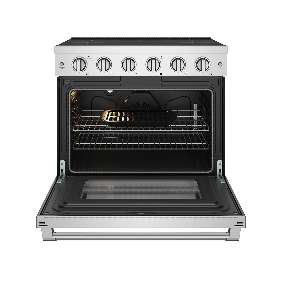36-inch stainless steel induction range with oven door open showing two racks