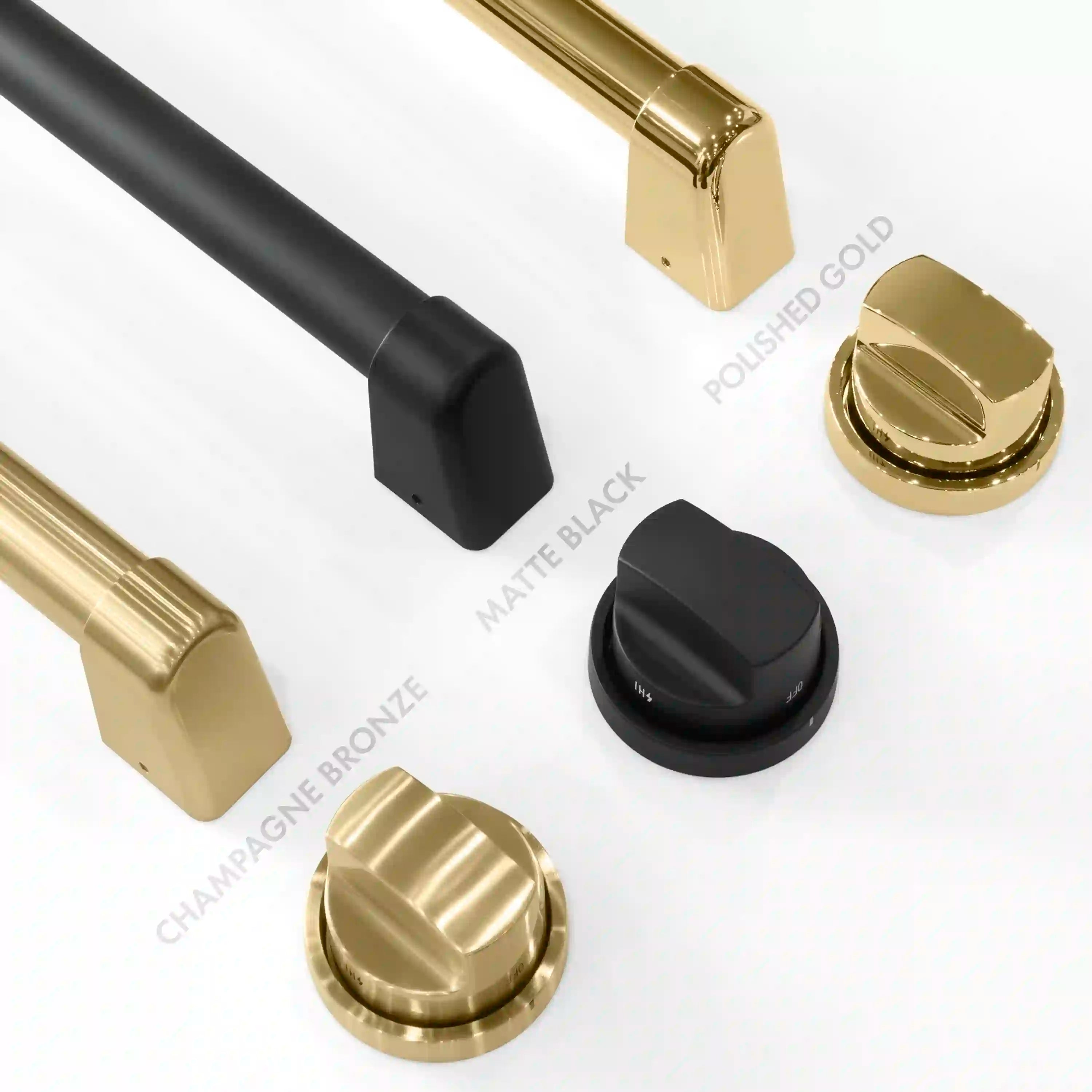 Matte black and champagne-gold control knobs and burner caps with gold accents