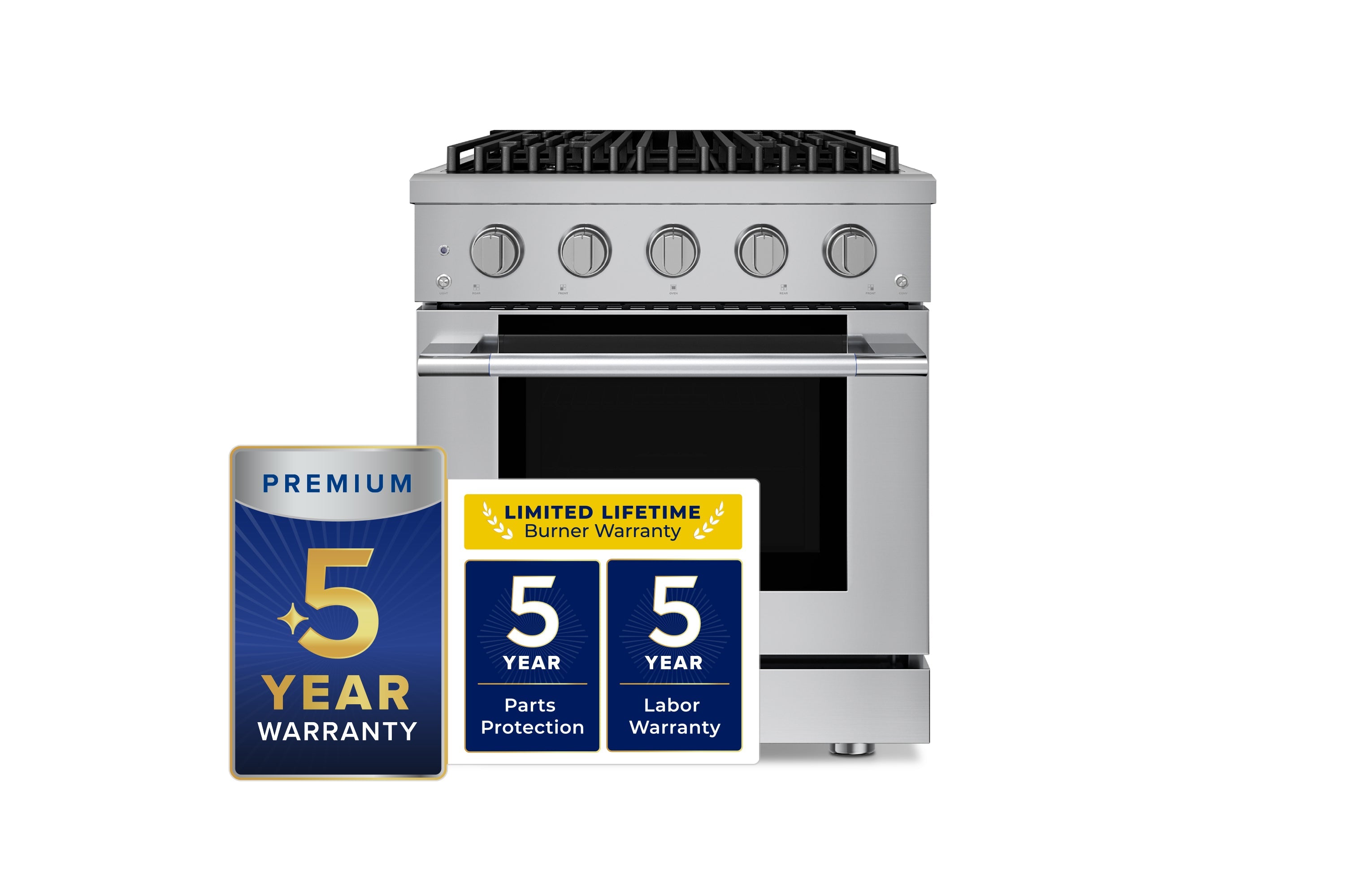 Stainless steel freestanding gas range with 4 burners and convection oven, front view