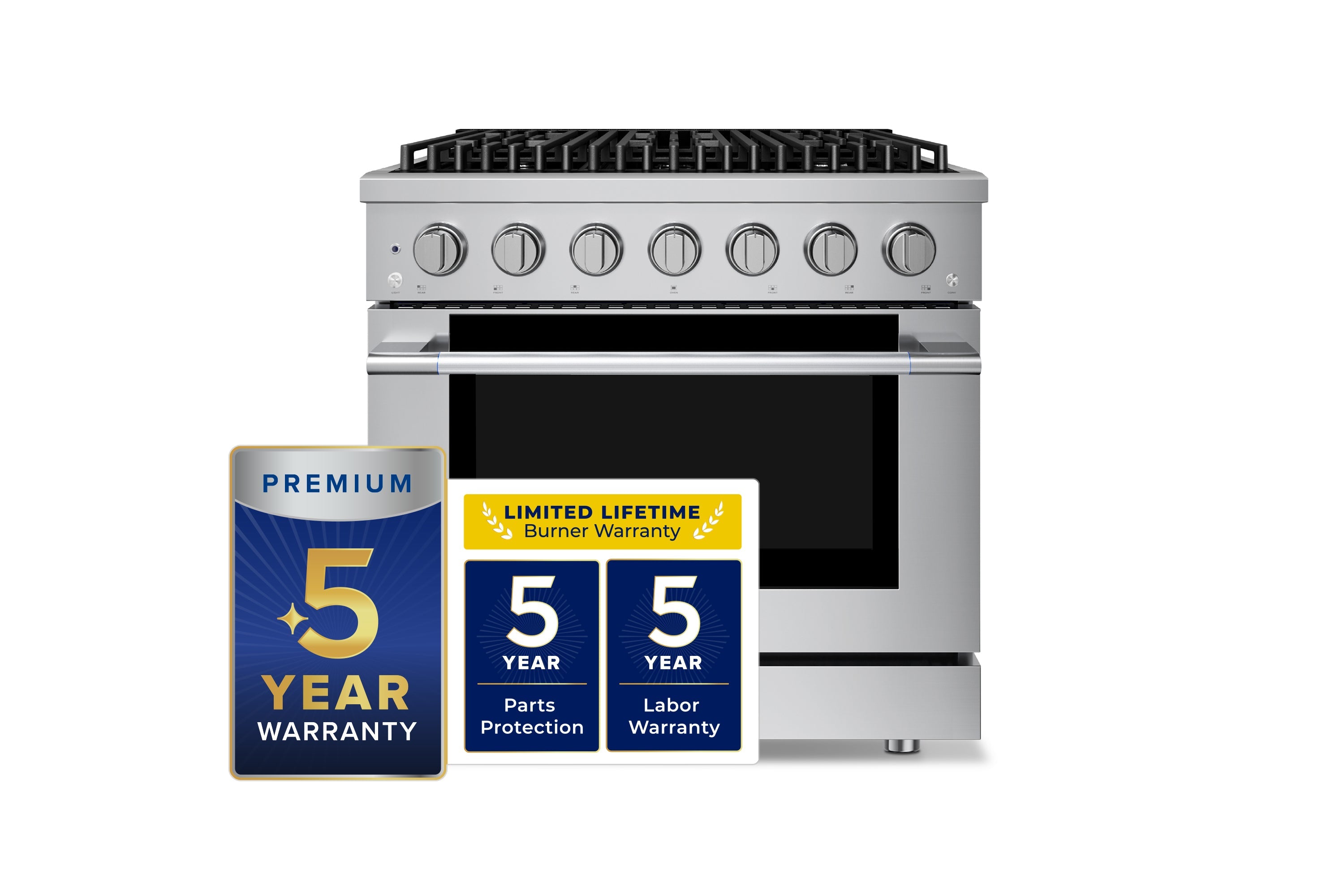 Stainless steel 6-burner gas range with convection oven and black glass door