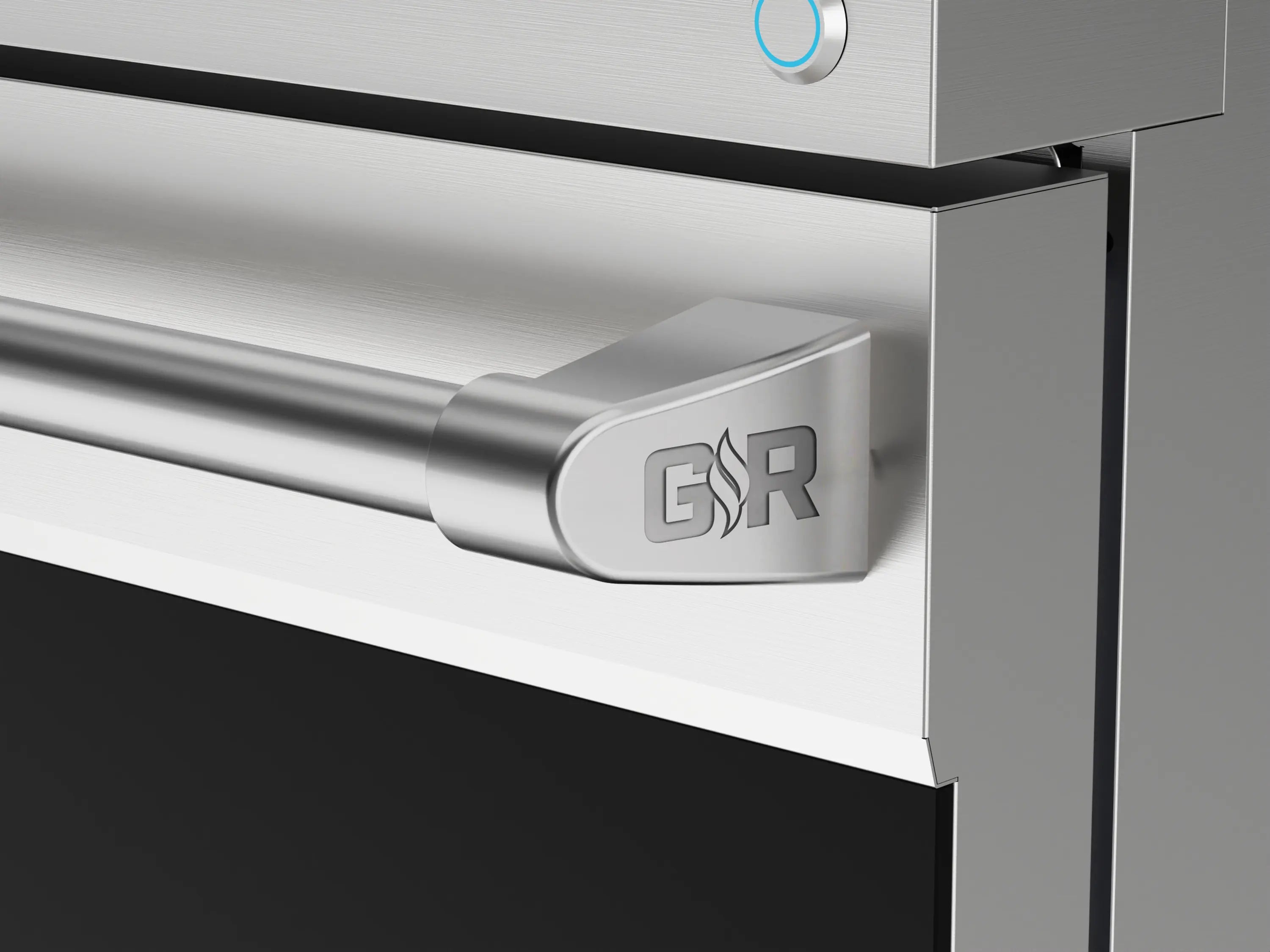 Stainless appliance drawer handle with GR logo detail