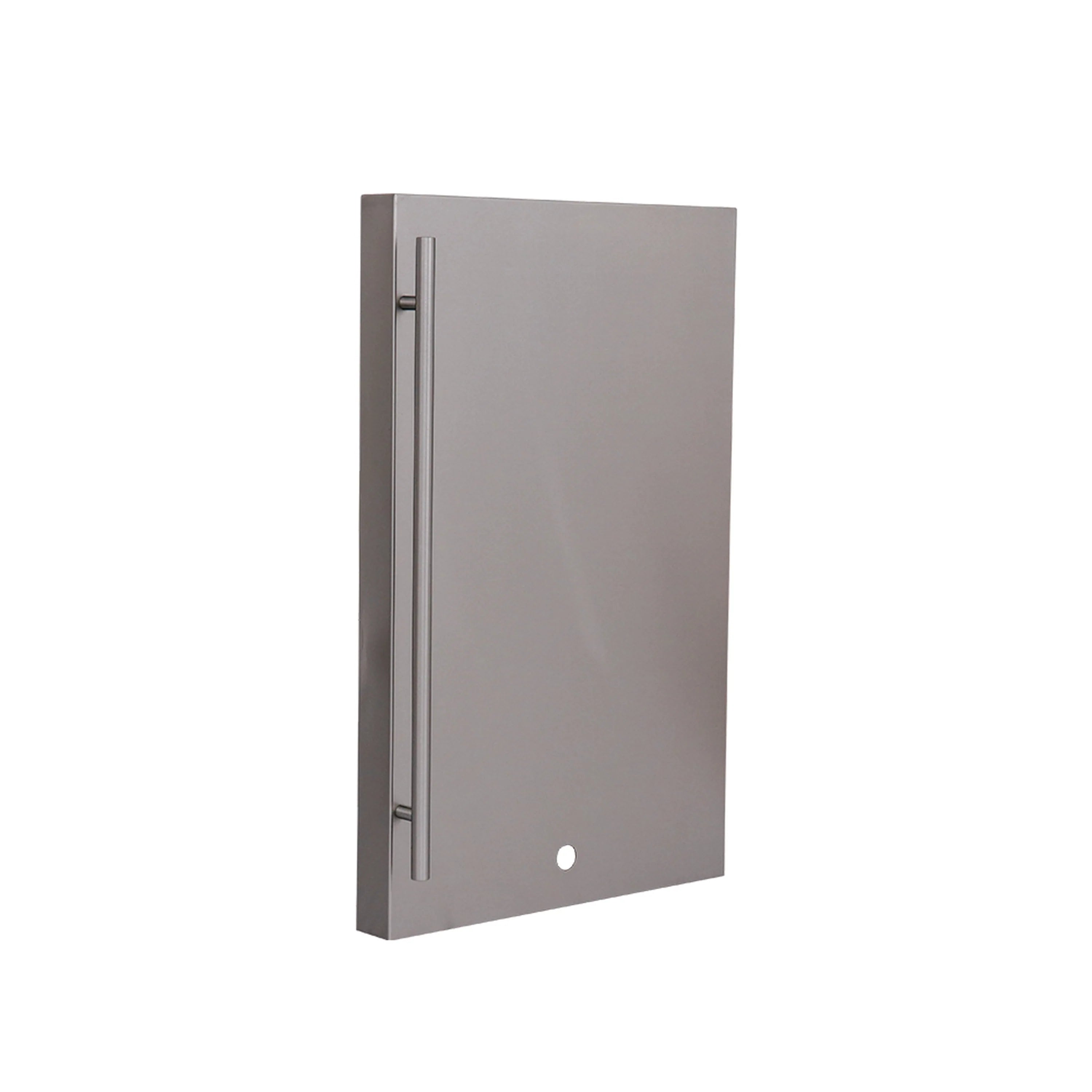 Stainless fridge door liner panel with vertical hinge bar and small round access hole