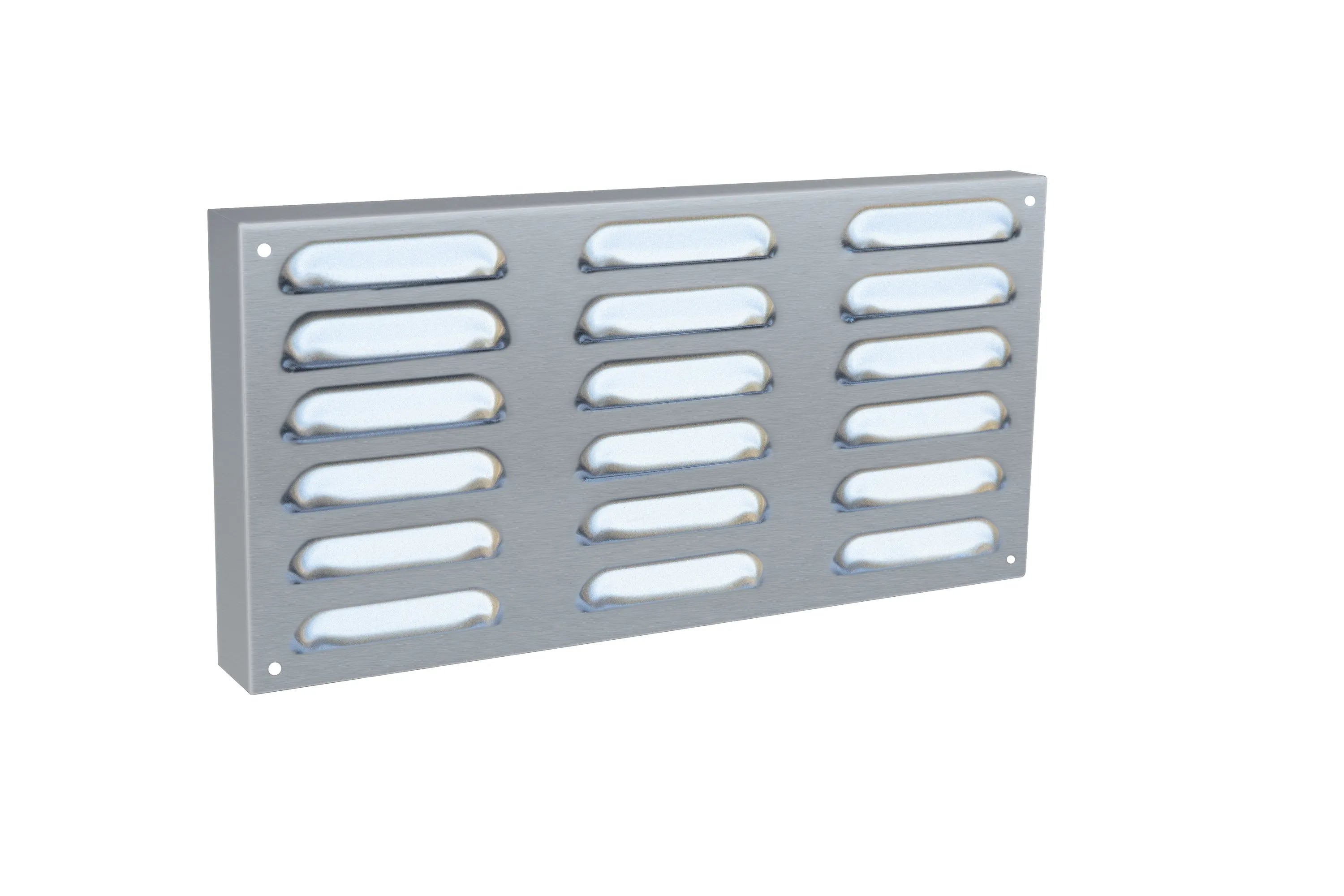 TrueFlame island vent panel with masonry frame, rectangular metal grille with horizontal slots