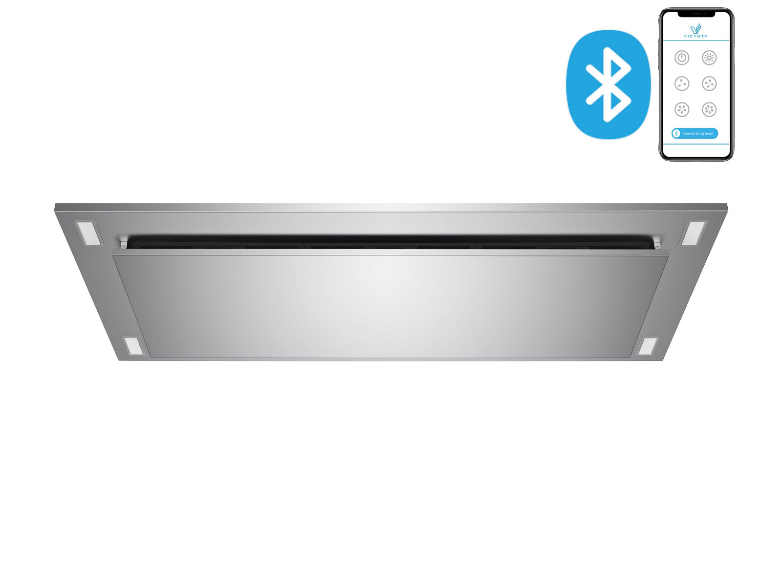 Stainless steel flush ceiling range hood with rectangular canopy and dark underside vent.