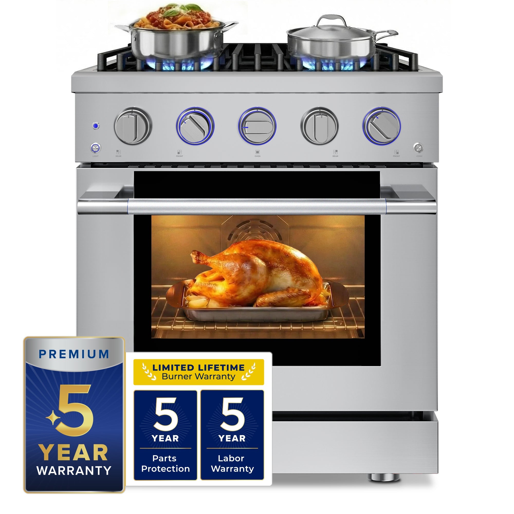 Stainless steel 30-inch range with lit convection oven and four blue flame burners