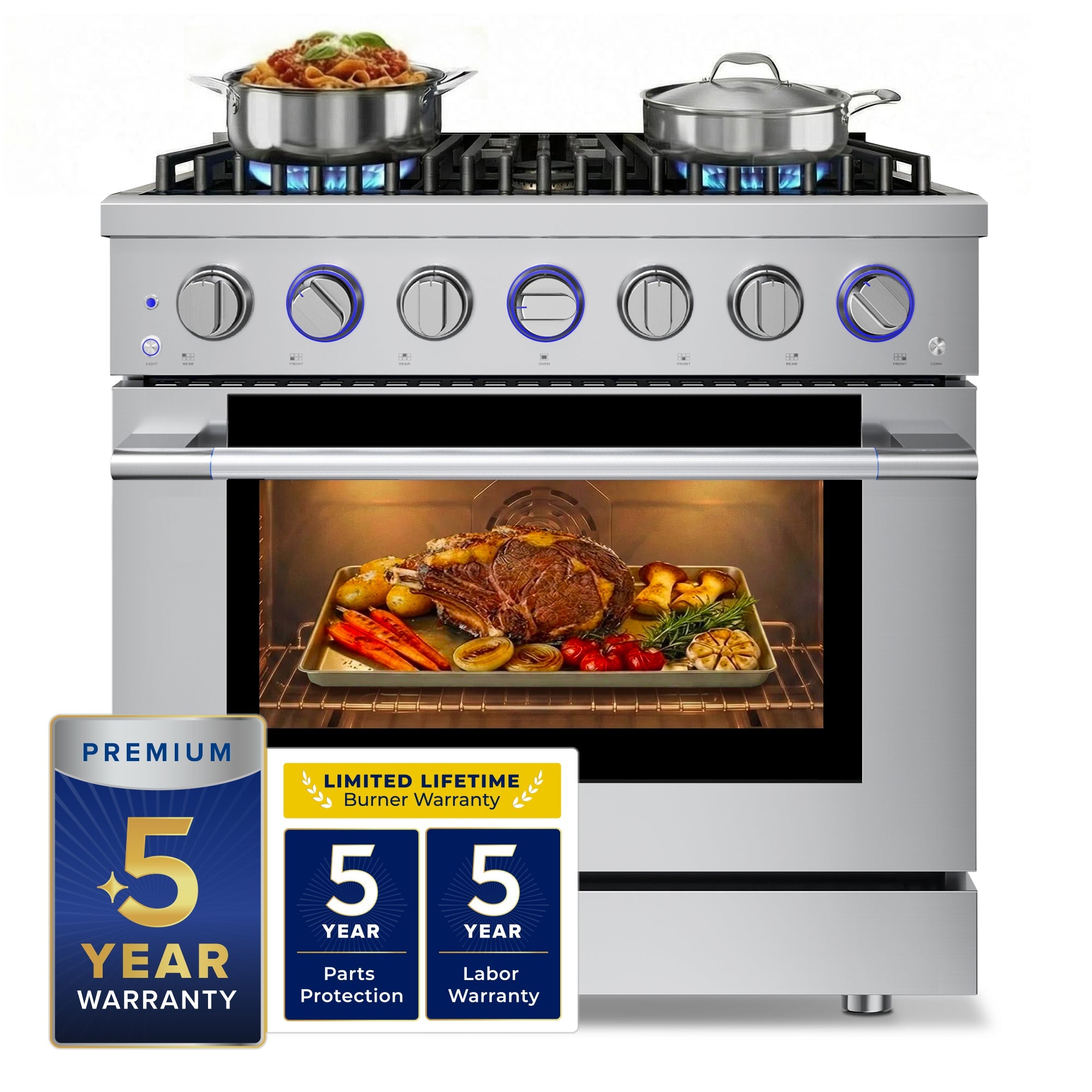 Stainless steel gas range with lit burners and convection oven interior showing roasted food