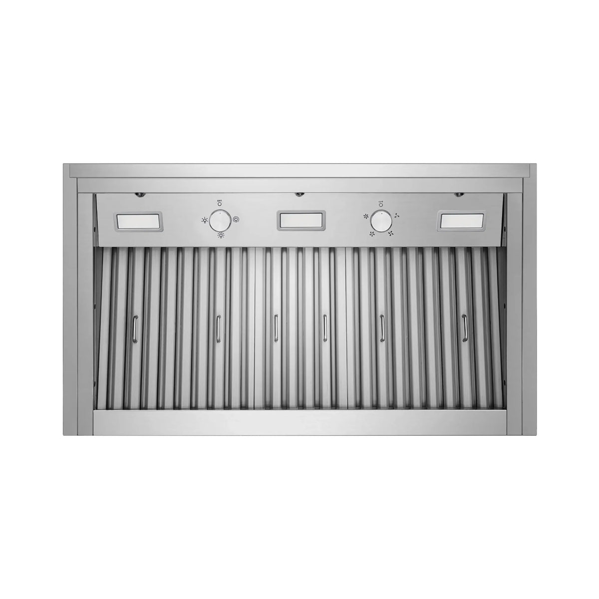 Stainless range hood underside with filter baffle grilles and mechanical rotary control knobs.