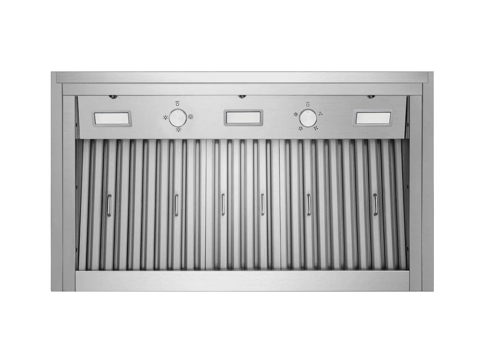 Stainless range hood insert front with vertical baffle filter panels