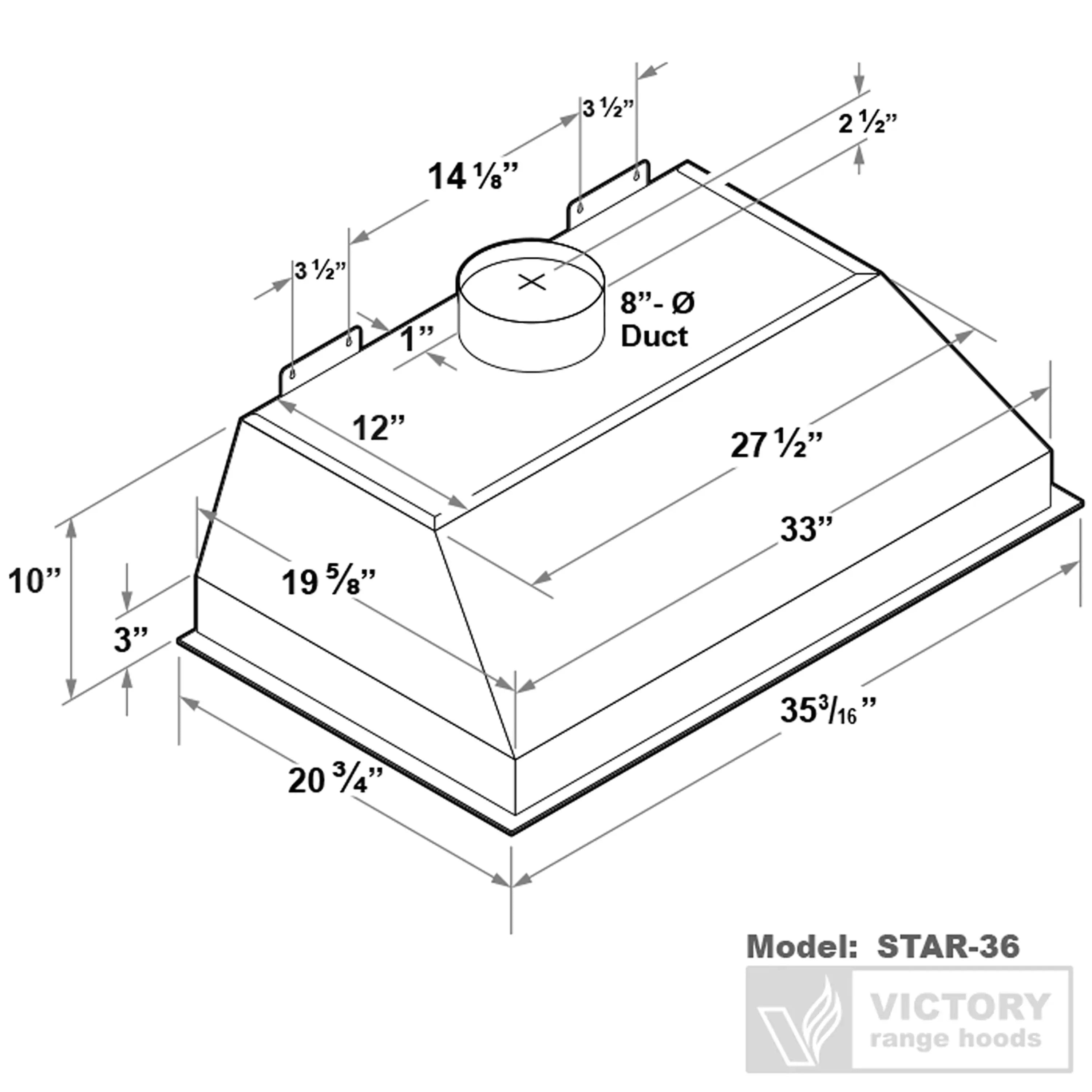 Range hood size diagram for STAR-36, showing duct opening and hood dimensions.