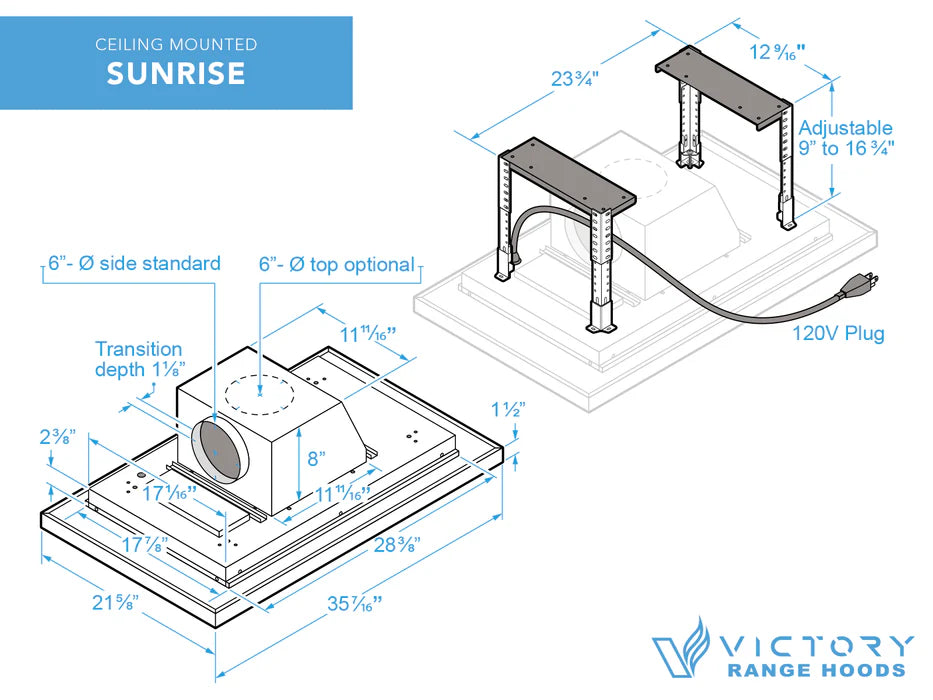 Ceiling-mounted range hood diagram showing adjustable supports and side or top vent options