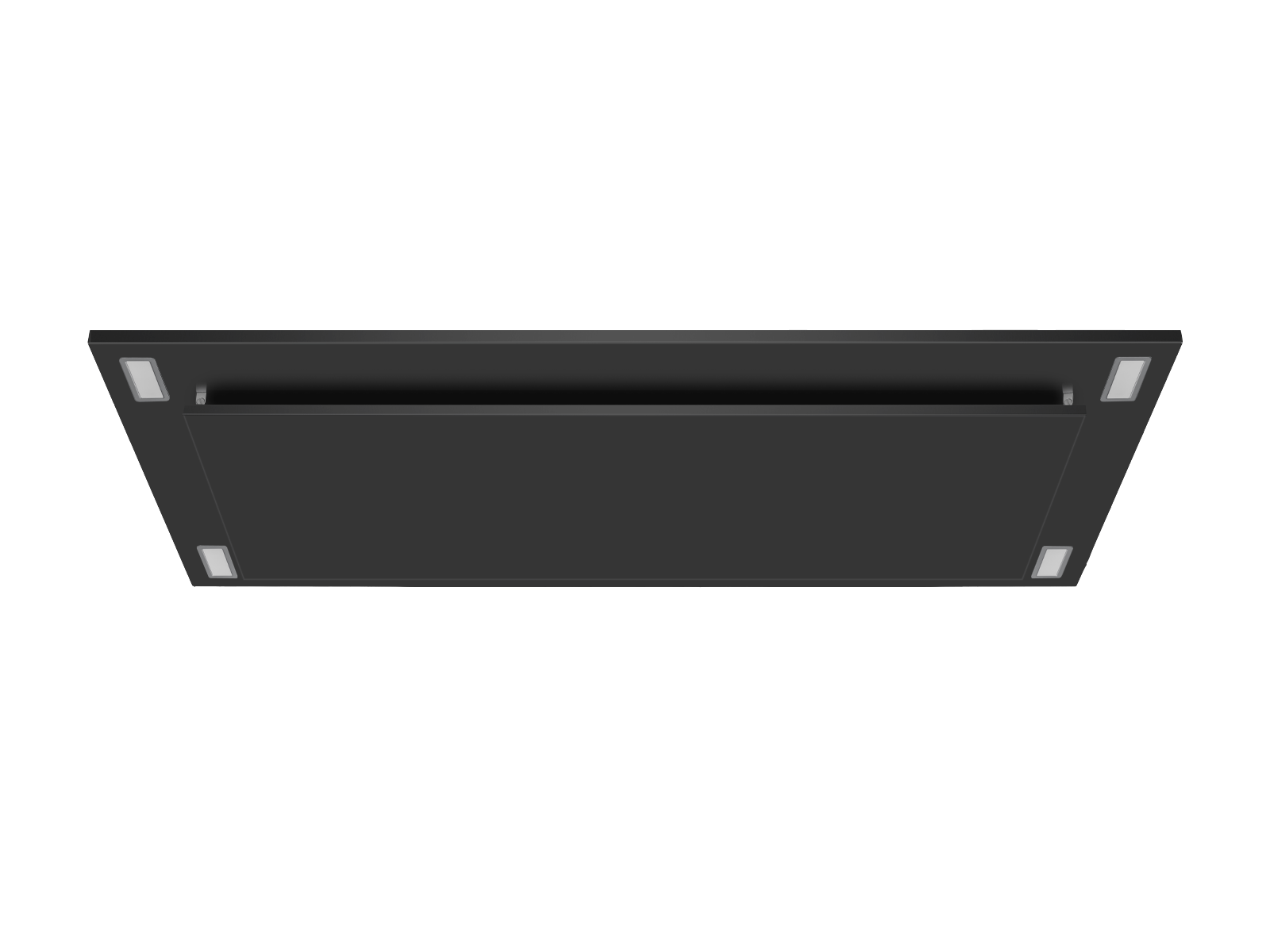 Black flush-mount ceiling range hood with vented side trim and slim light housings