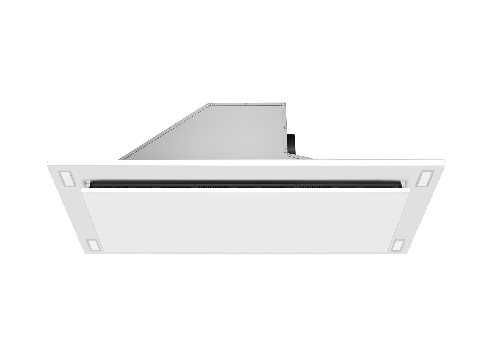 White flush-mount ceiling range hood with top vent cover and recessed vent opening