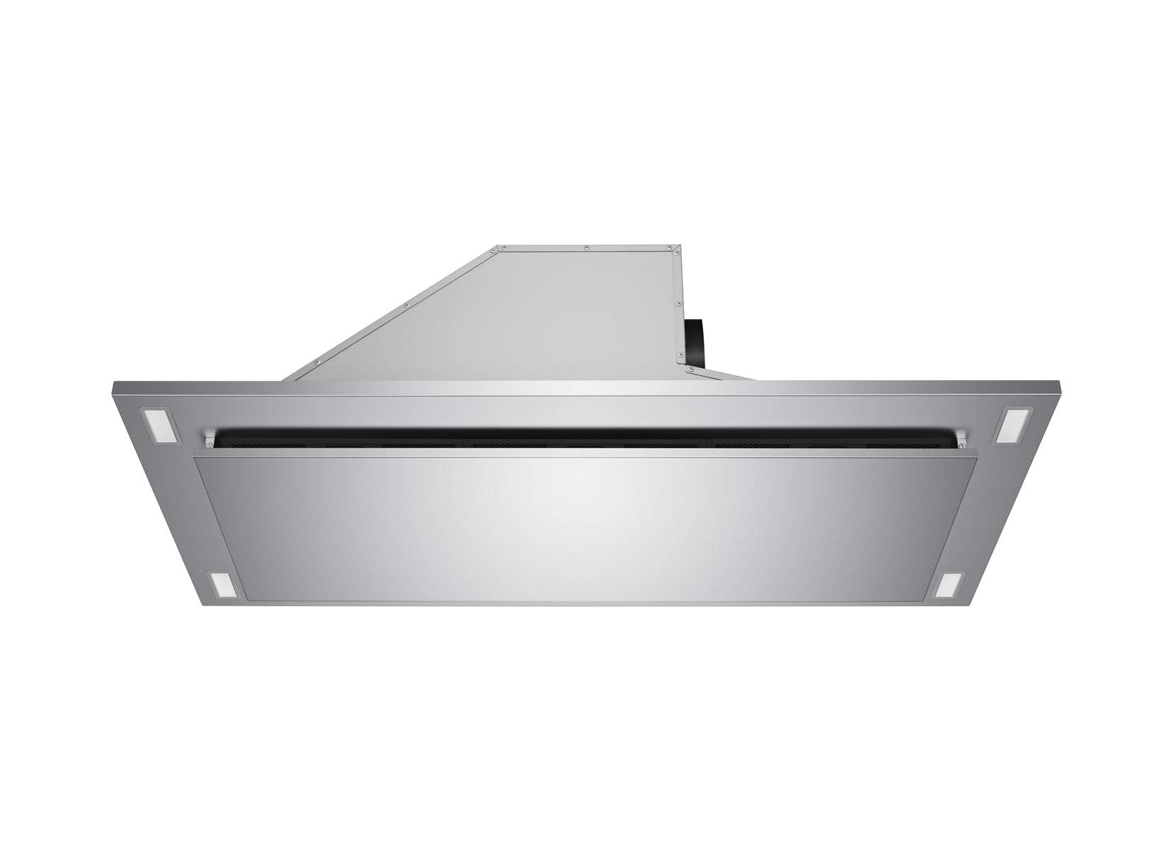 Stainless steel flush ceiling mount range hood with flanged discharge top