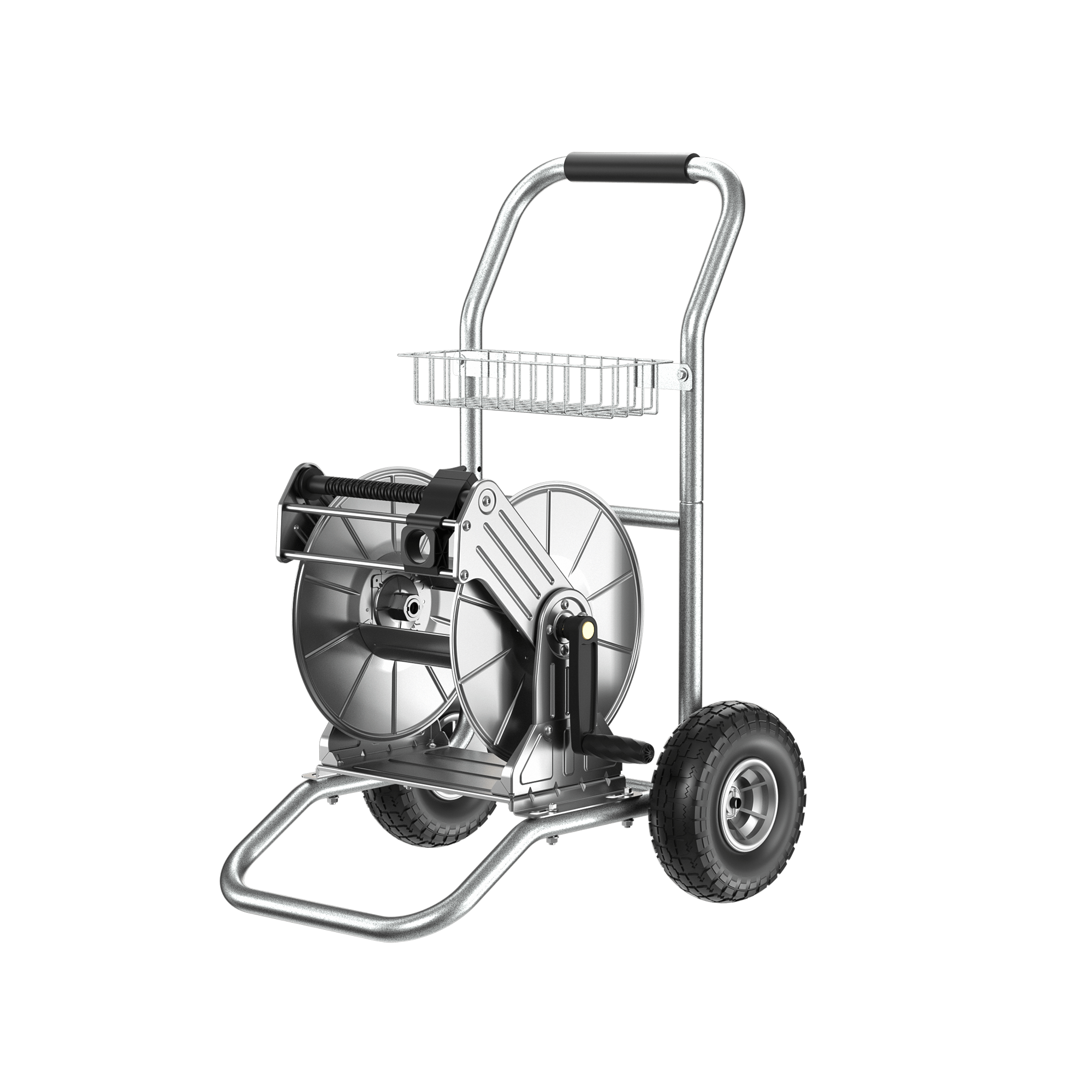 Two-wheel hose reel cart with silver frame, hose drum, and wire storage basket
