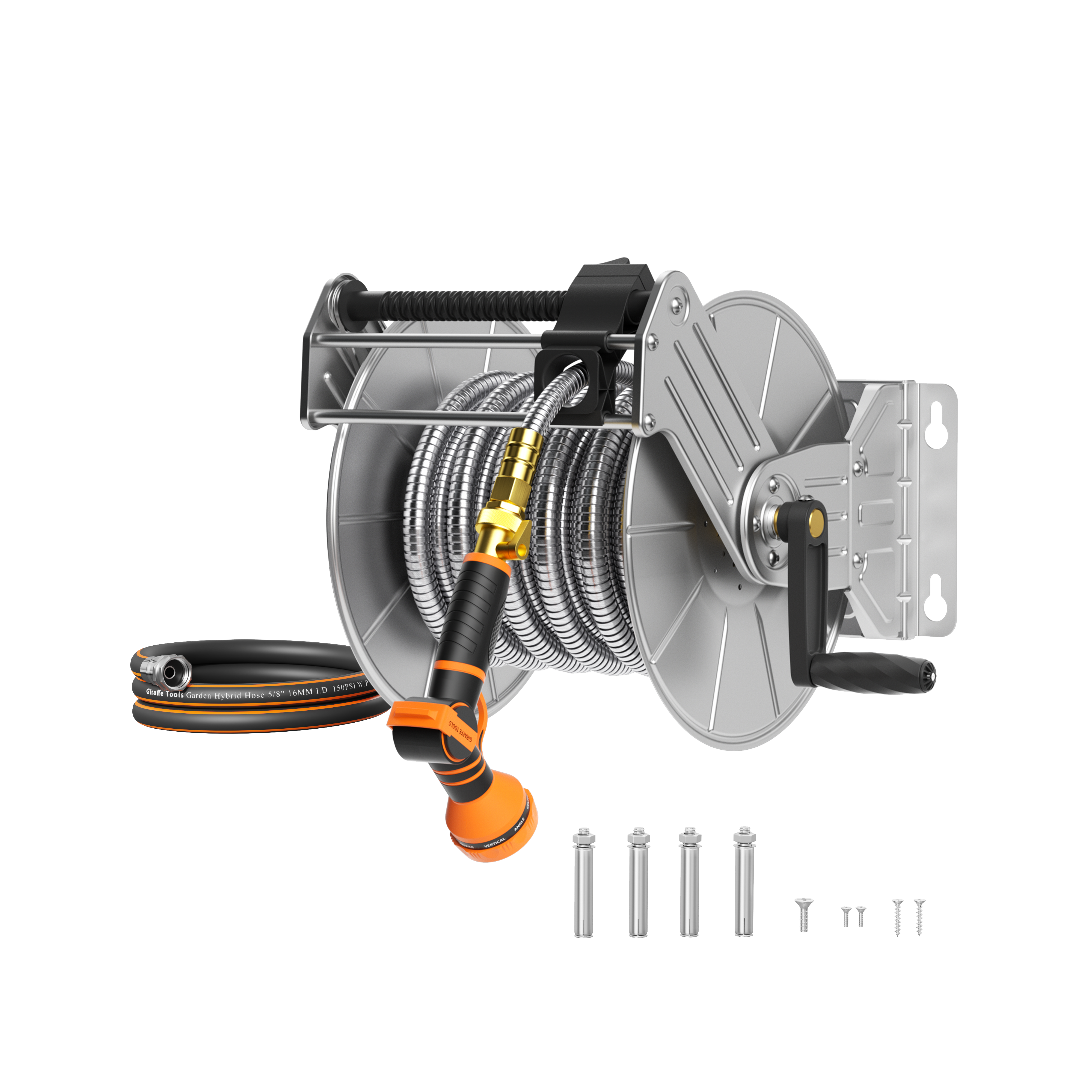 Wall-mounted stainless steel hose reel with braided coil and orange nozzle