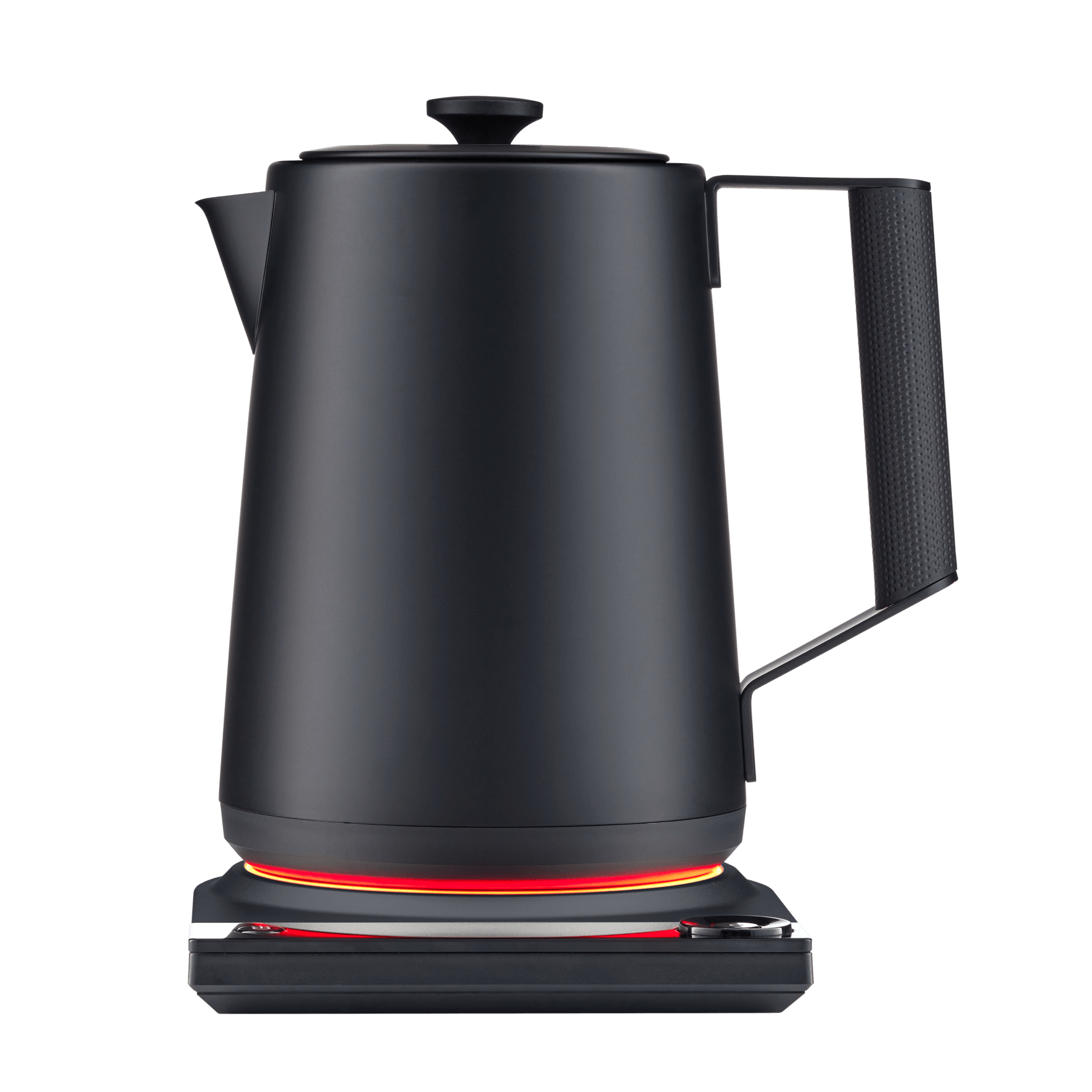Matte black electric kettle with handle and LCD on base, front-left view