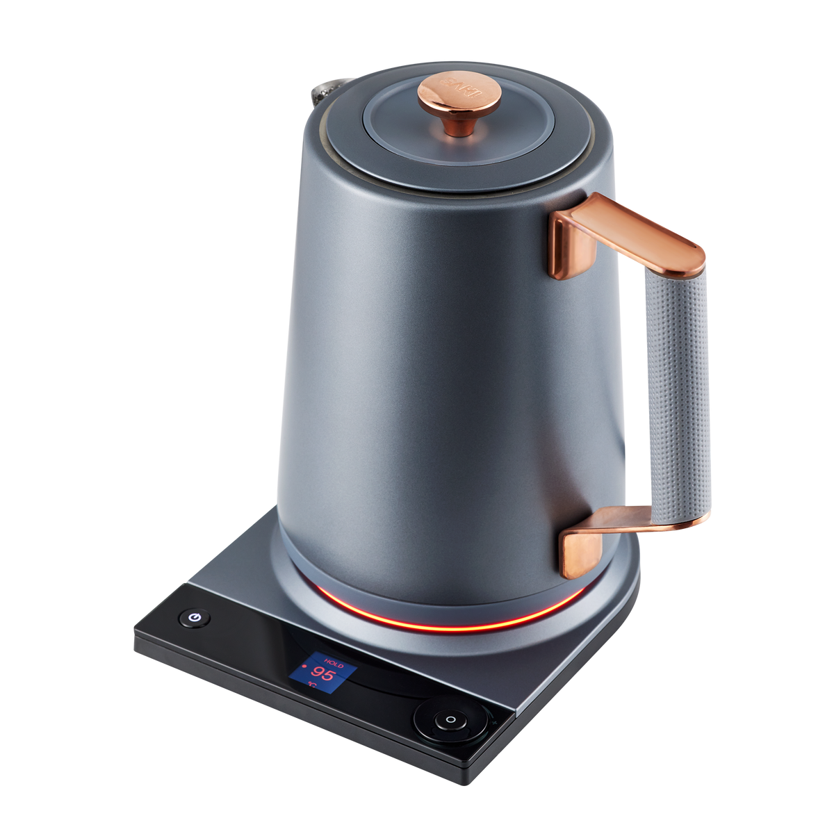 Midnight blue electric kettle front 3/4 view with copper-toned lid knob and handle.
