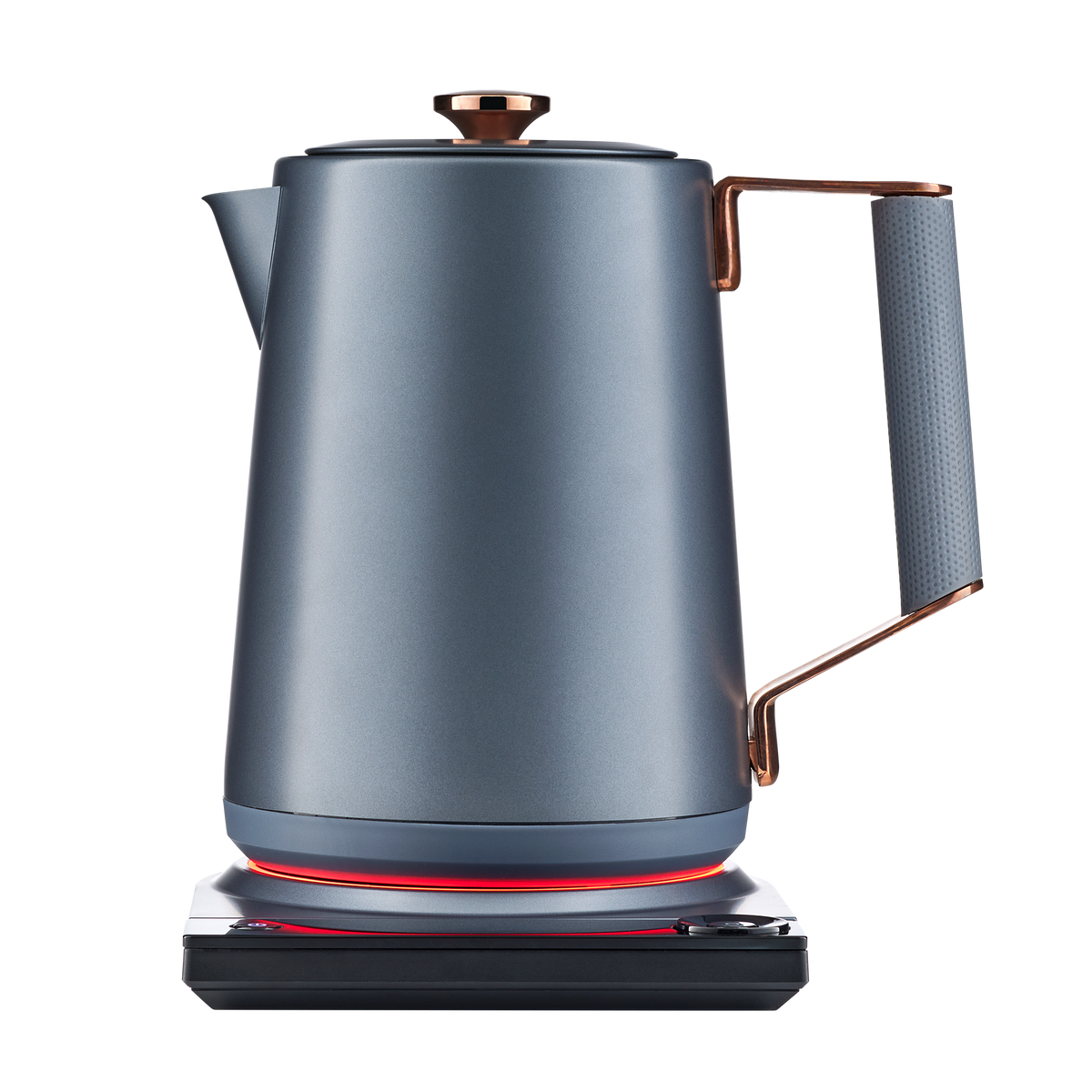 Midnight blue electric kettle with copper-toned lid cap, handle, and glowing heating ring on base.