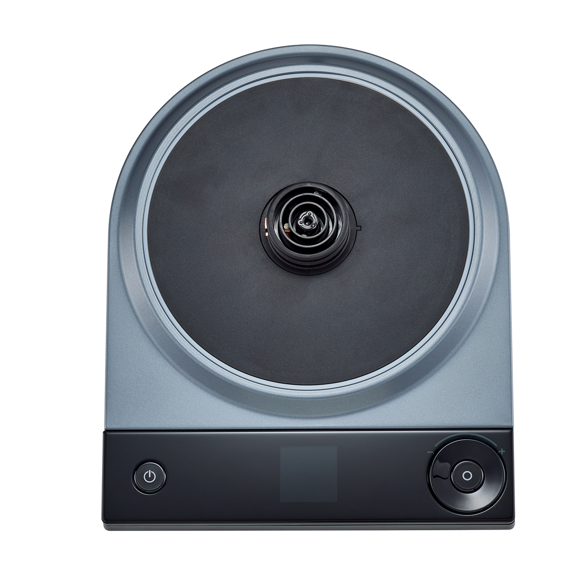 Midnight blue electric kettle lid view with central heating element and front touch controls.