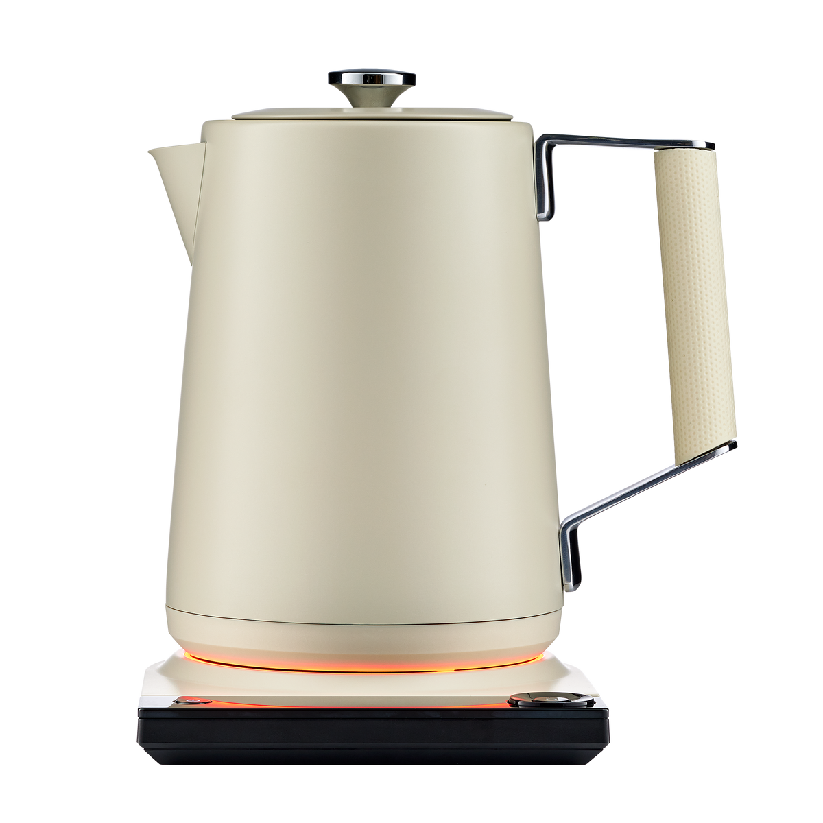 Pearl white electric kettle with carry handle and red ring around the base