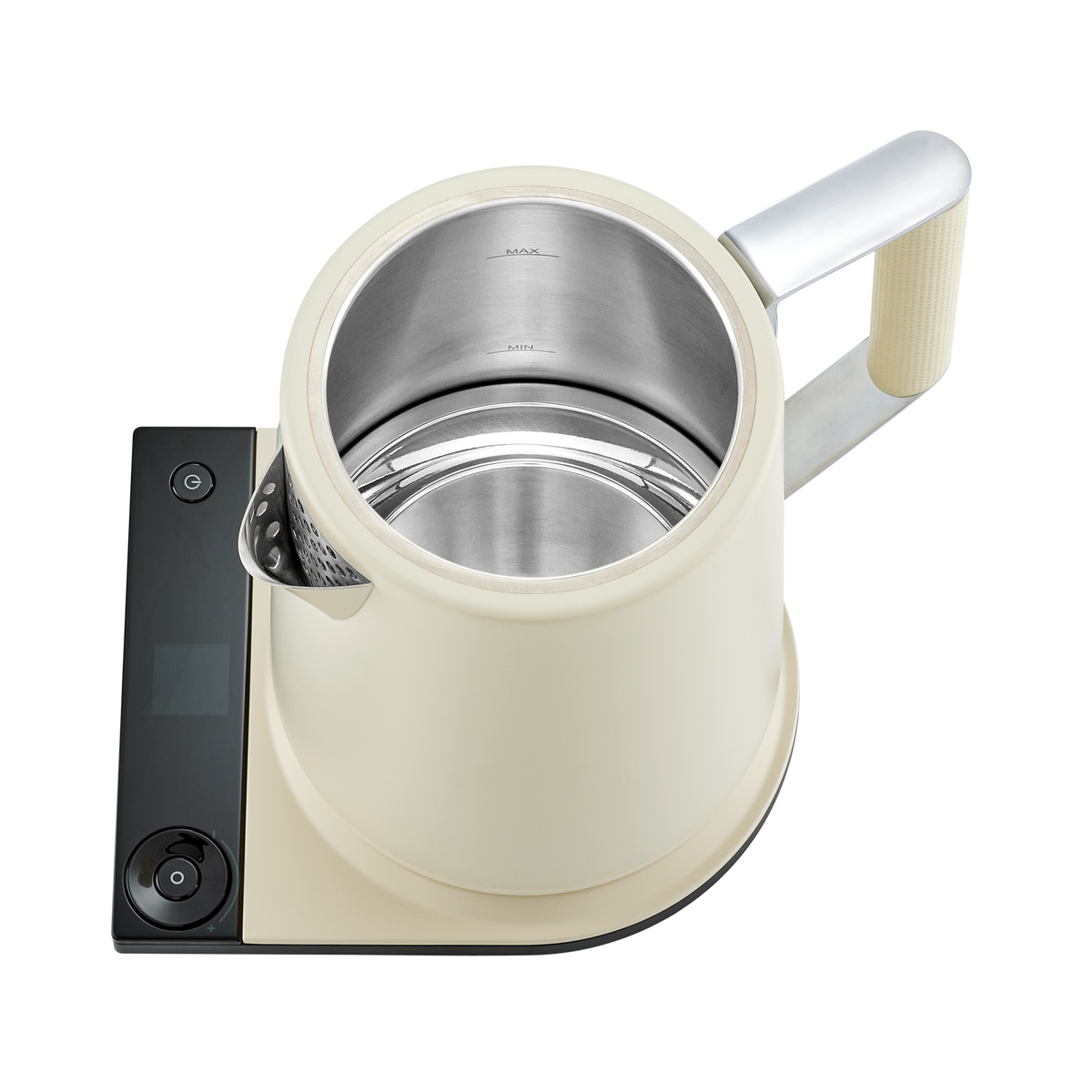Pearl white electric kettle with open lid showing stainless-steel interior