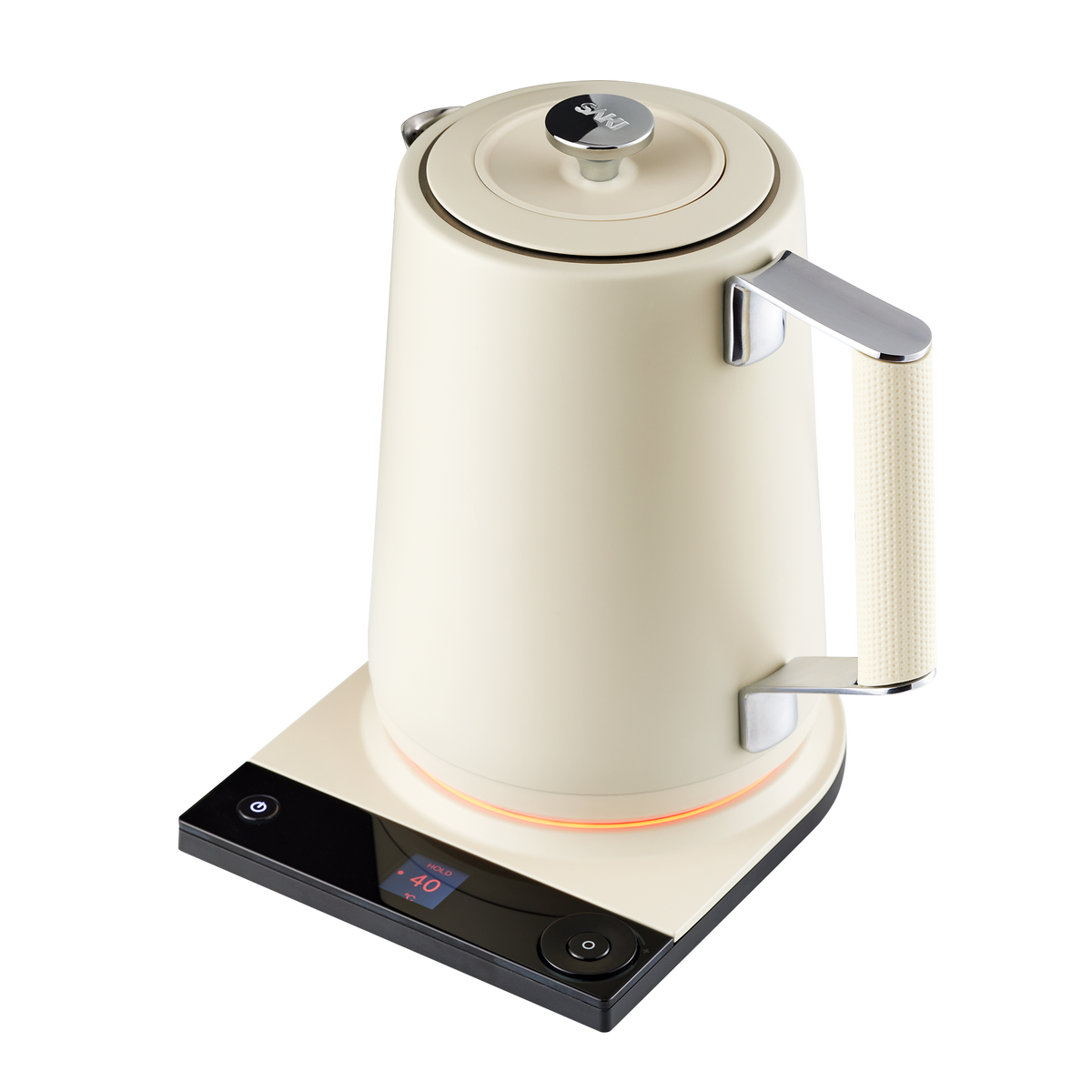 Pearl white electric kettle with handle and lid, red heating ring on base