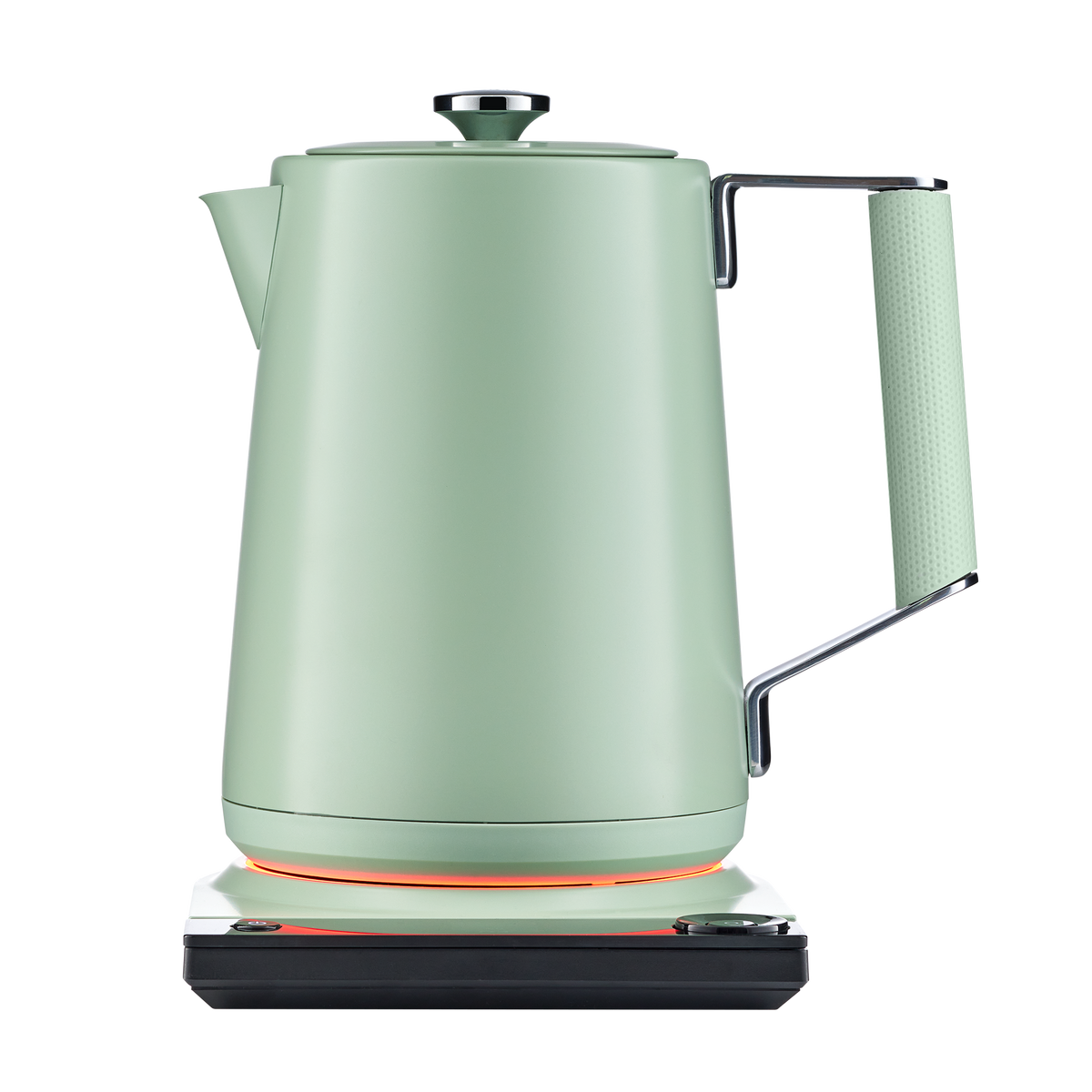 Sage green electric kettle standing on base with spout and side handle visible.