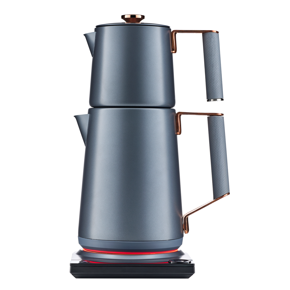 Electric Turkish tea maker, double pots in dark navy with copper handles and glowing LED ring