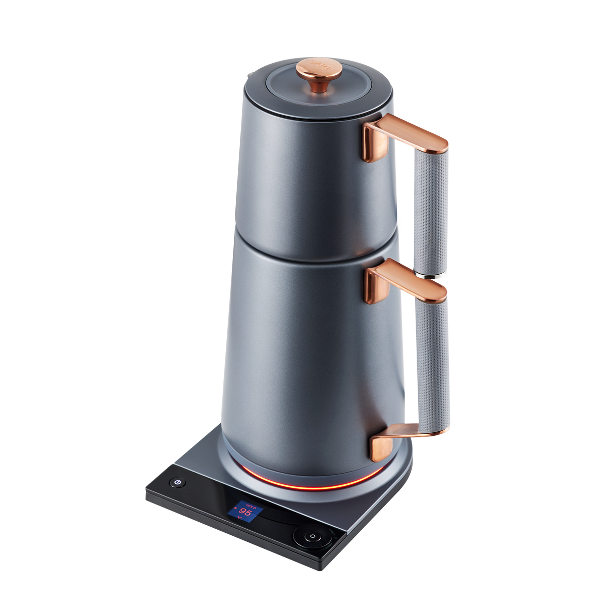 Electric Turkish tea maker with twin pots, dark navy body and copper-tone handle accents