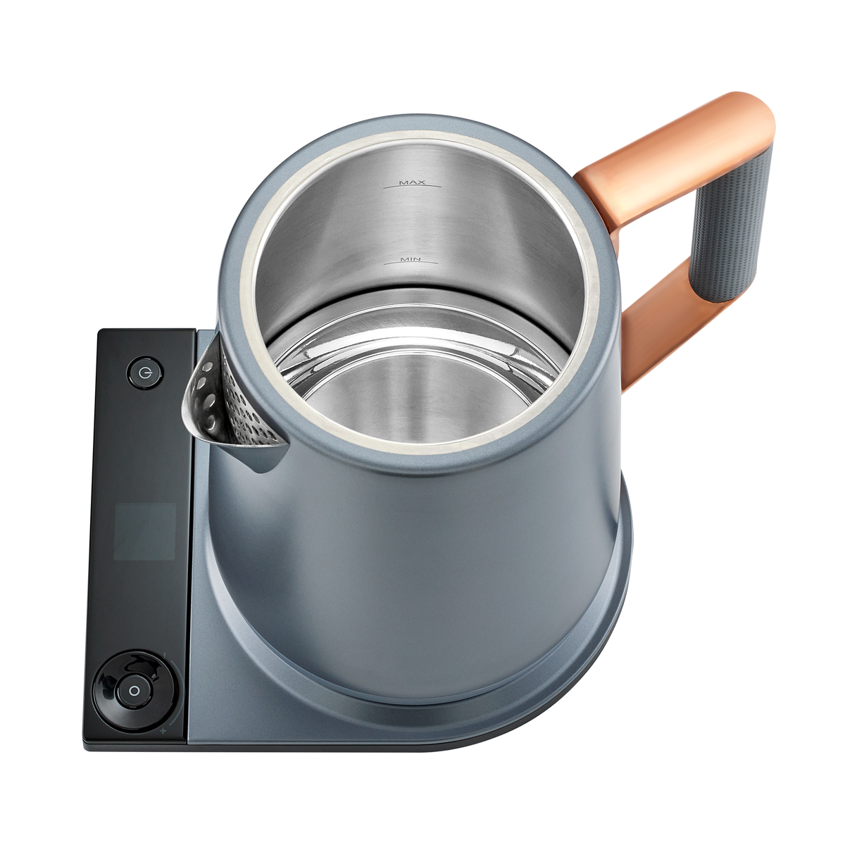 Electric Turkish tea maker with lid open, stainless interior and copper handle accents