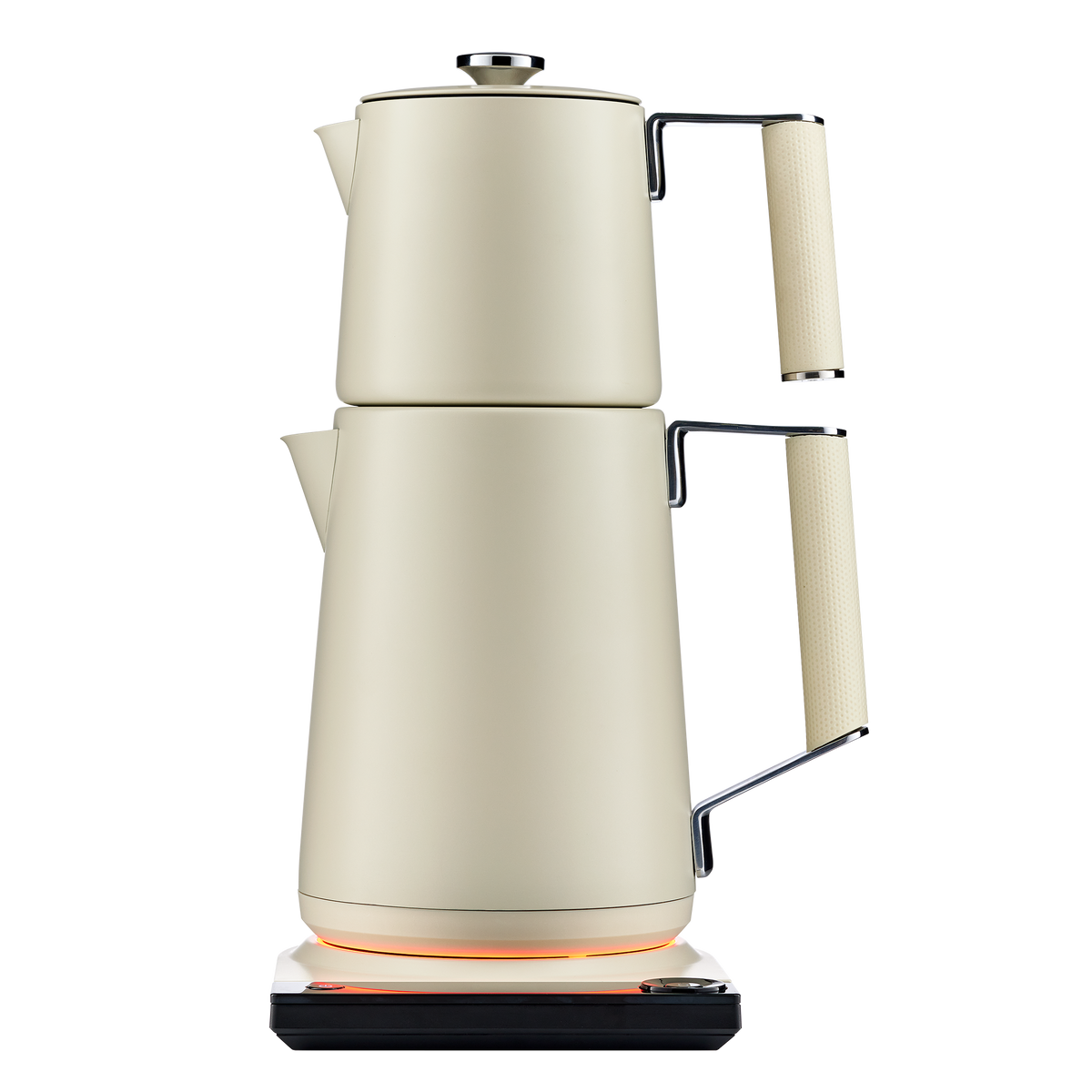 Electric double-pot Turkish tea maker, pearl white with stainless spouts and handle