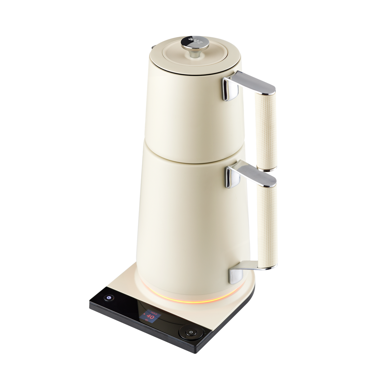 Electric double-pot Turkish tea maker base with pearl white pots and LED control panel