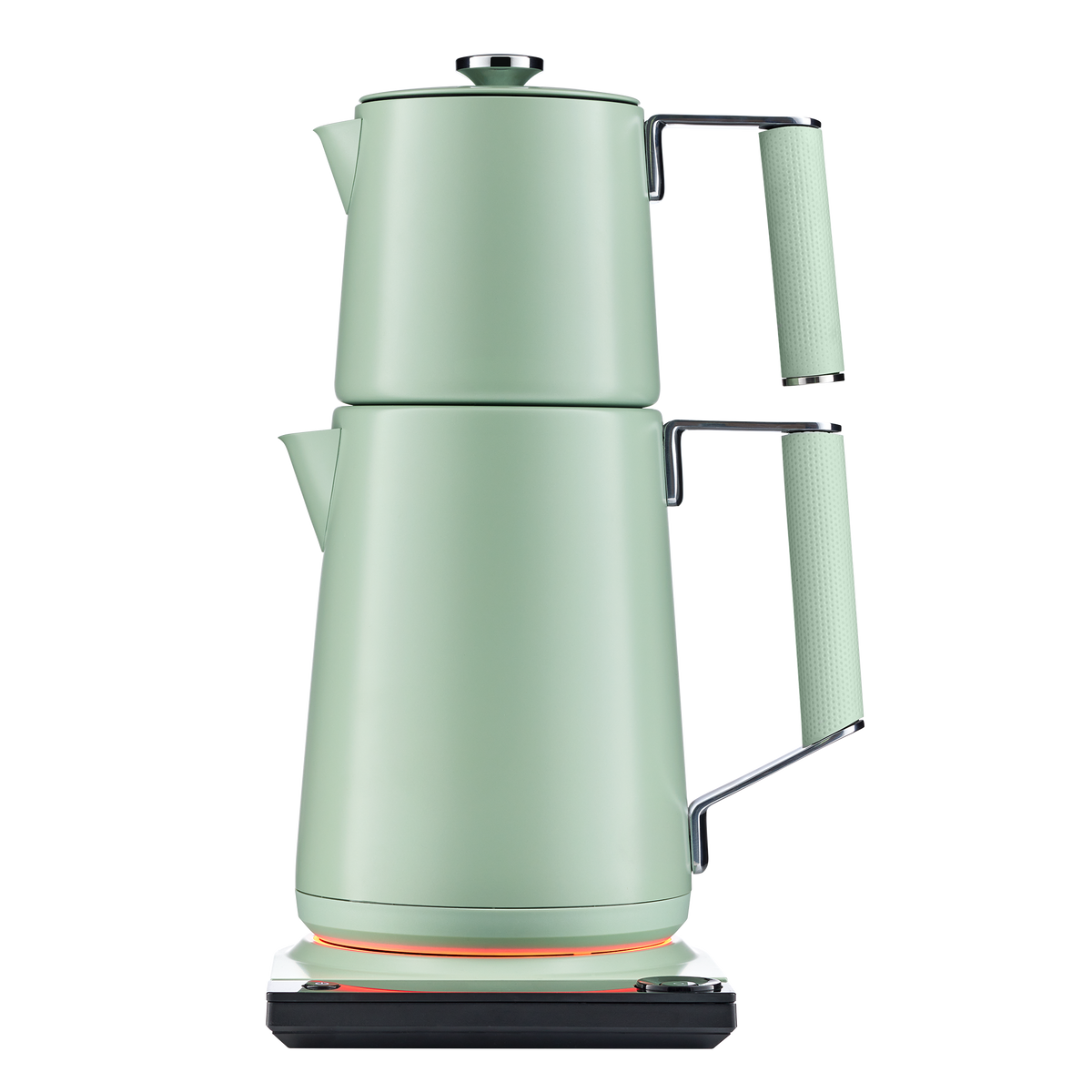 Electric double-pot Turkish tea maker, sage green with stainless spouts and side handles