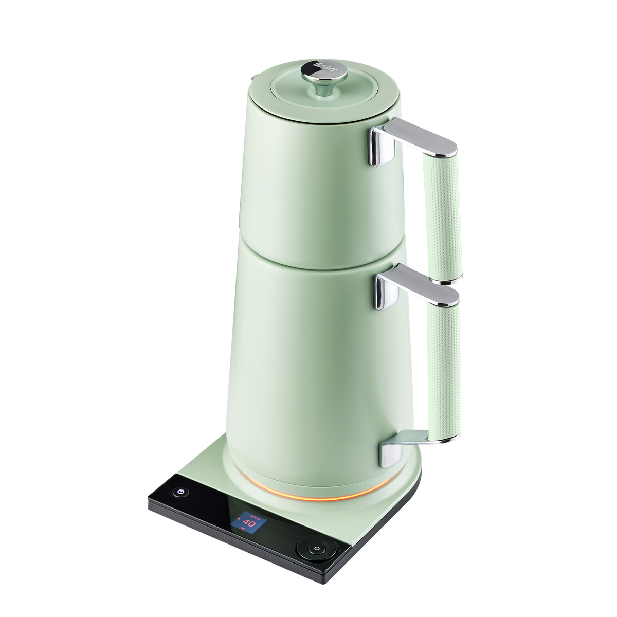 Electric double-pot Turkish tea maker base with sage green pots and LED control panel